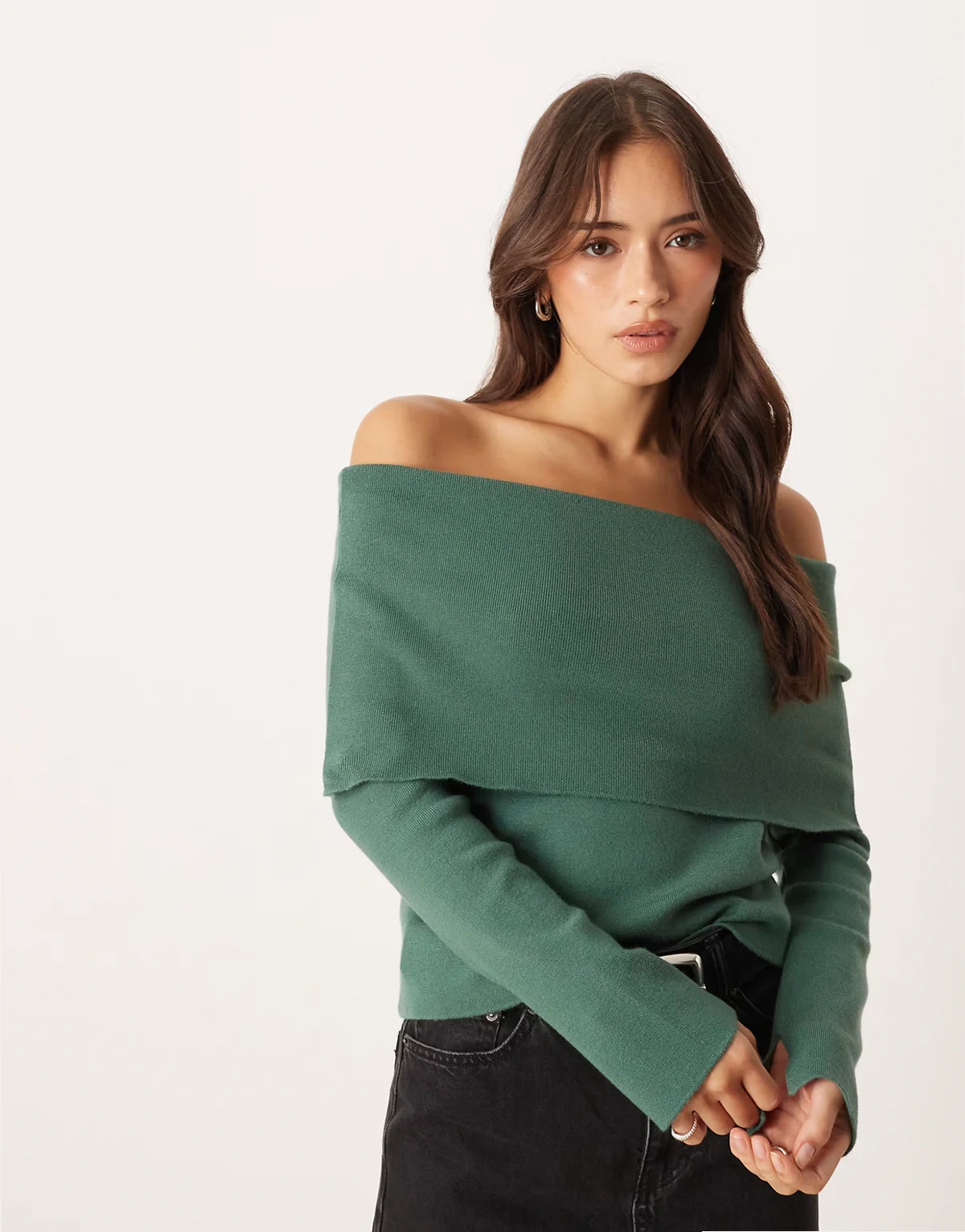 soft knit structured slim fit off the shoulder top in green