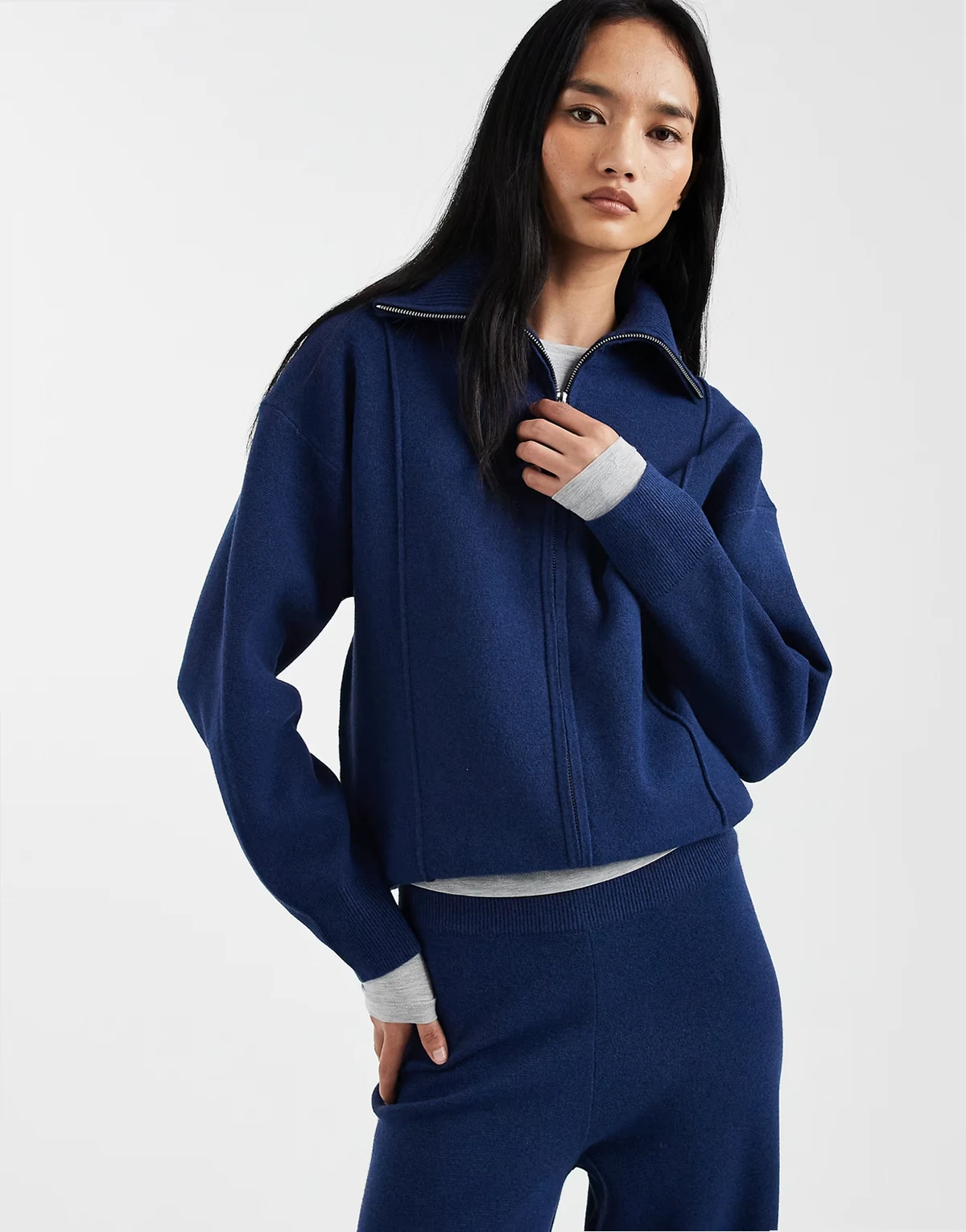 structured zip through cardigan in navy - part of a set