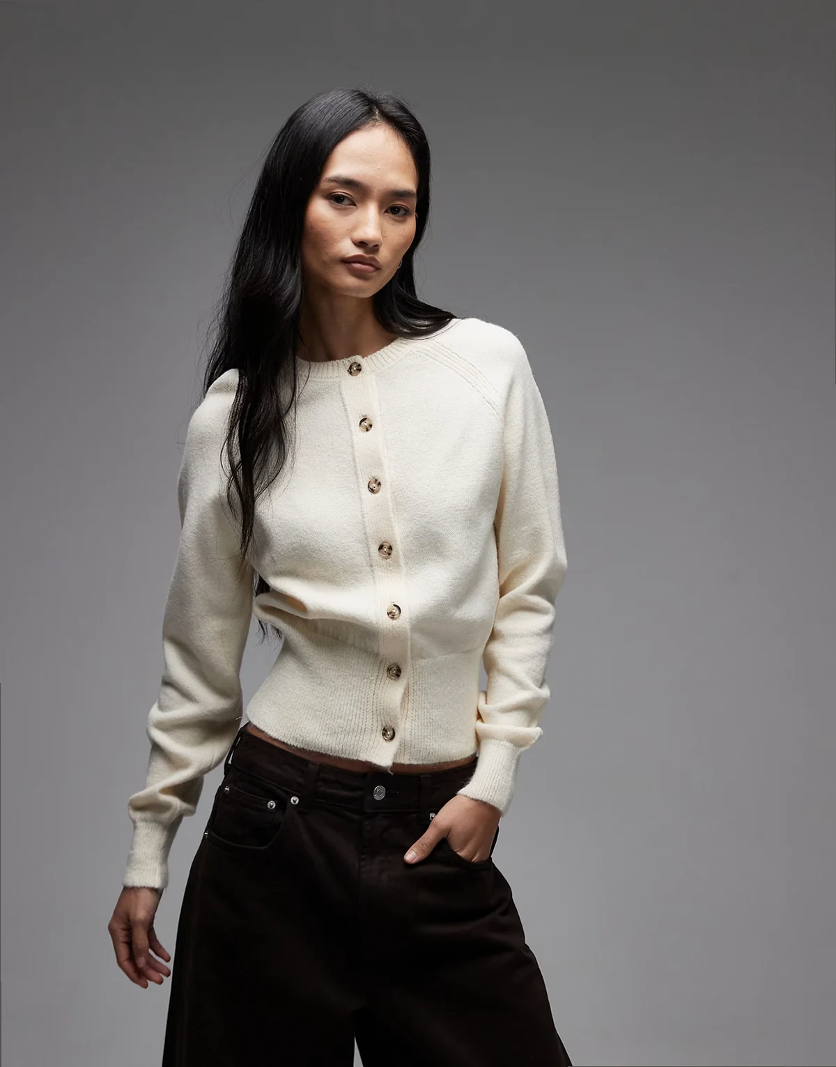 fluffy knit cardigan with cinched waist in ecru
