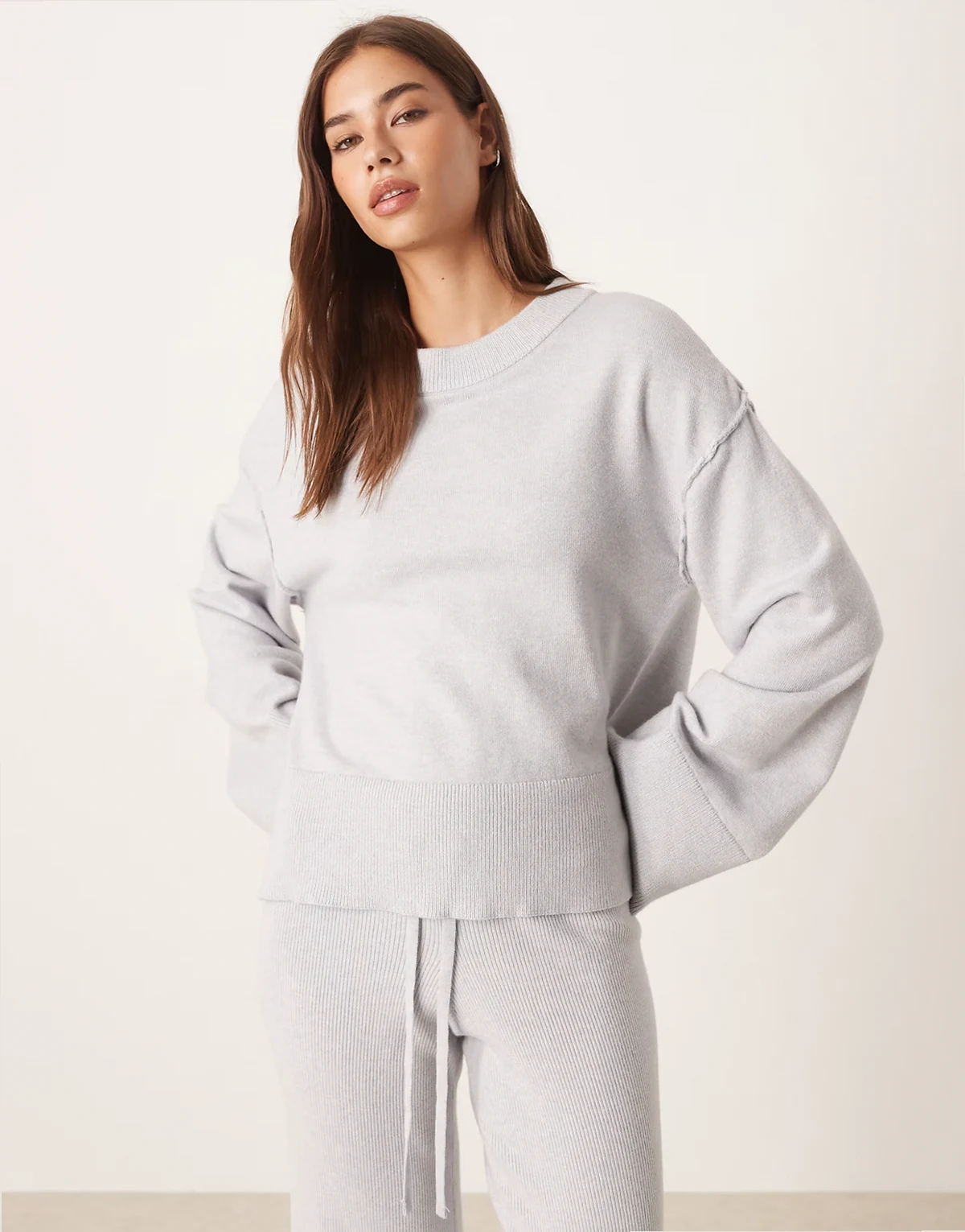long sleeve crew neck fine knit sweater in light heather gray - part of a set