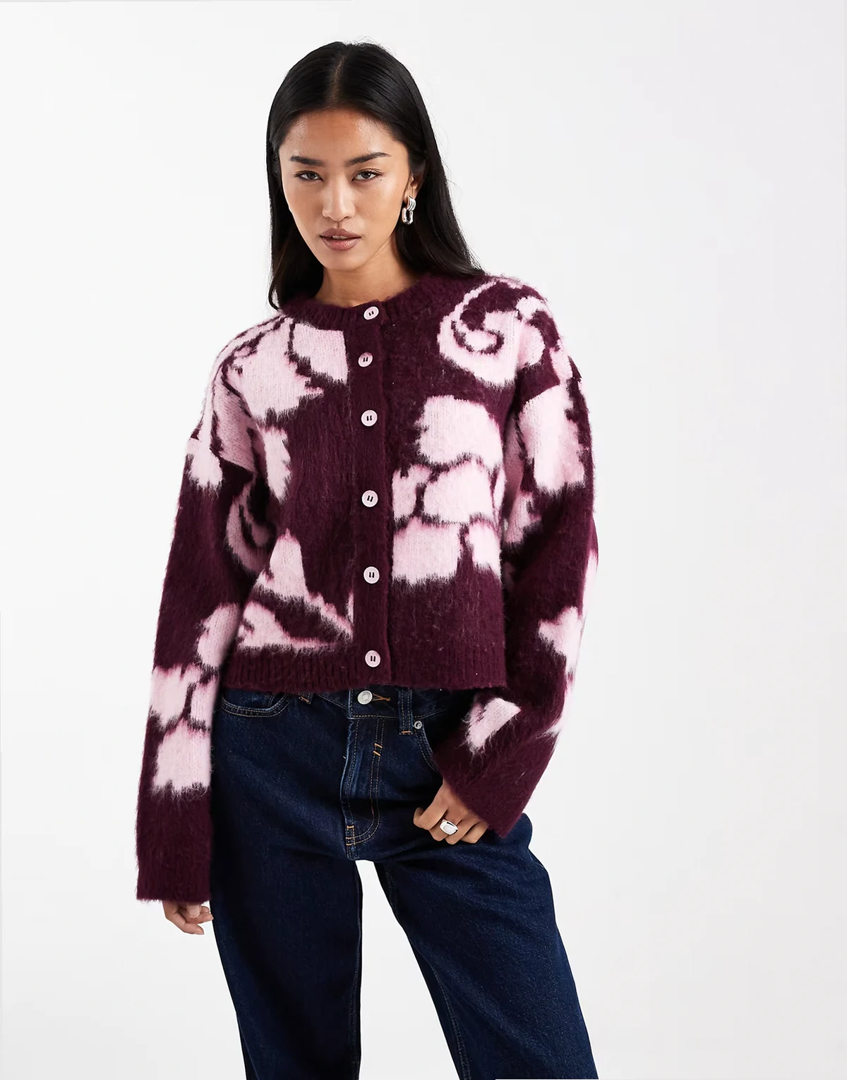 brushed knit floral cardigan in plum