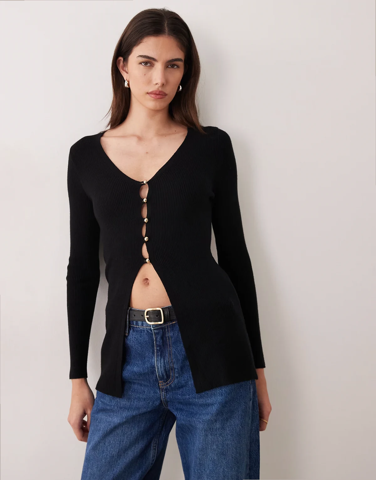 – Gerippte Longline-Strickjacke mit Knopfleiste
