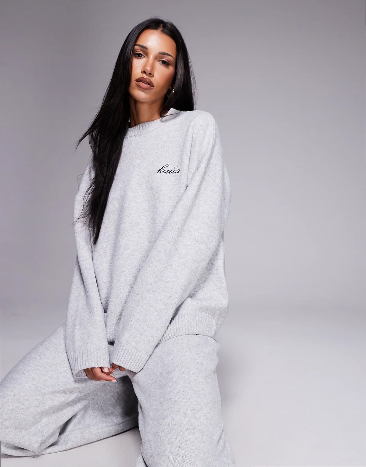 knit embroidered logo drop shoulder crew neck sweater in light gray - part of a set