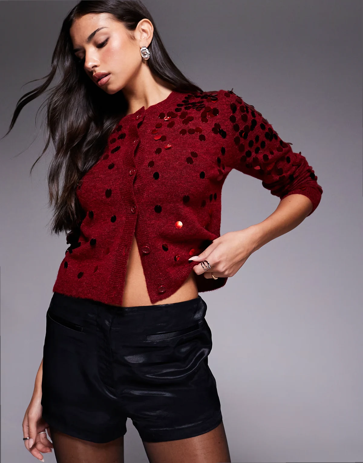 knit sequin cardigan in red