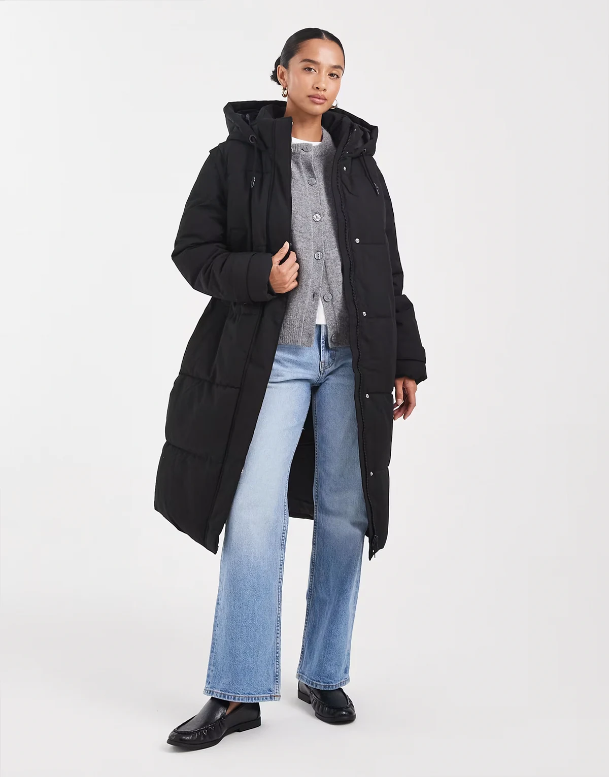 2 in 1 longline puffer coat with removeable sleeves in black