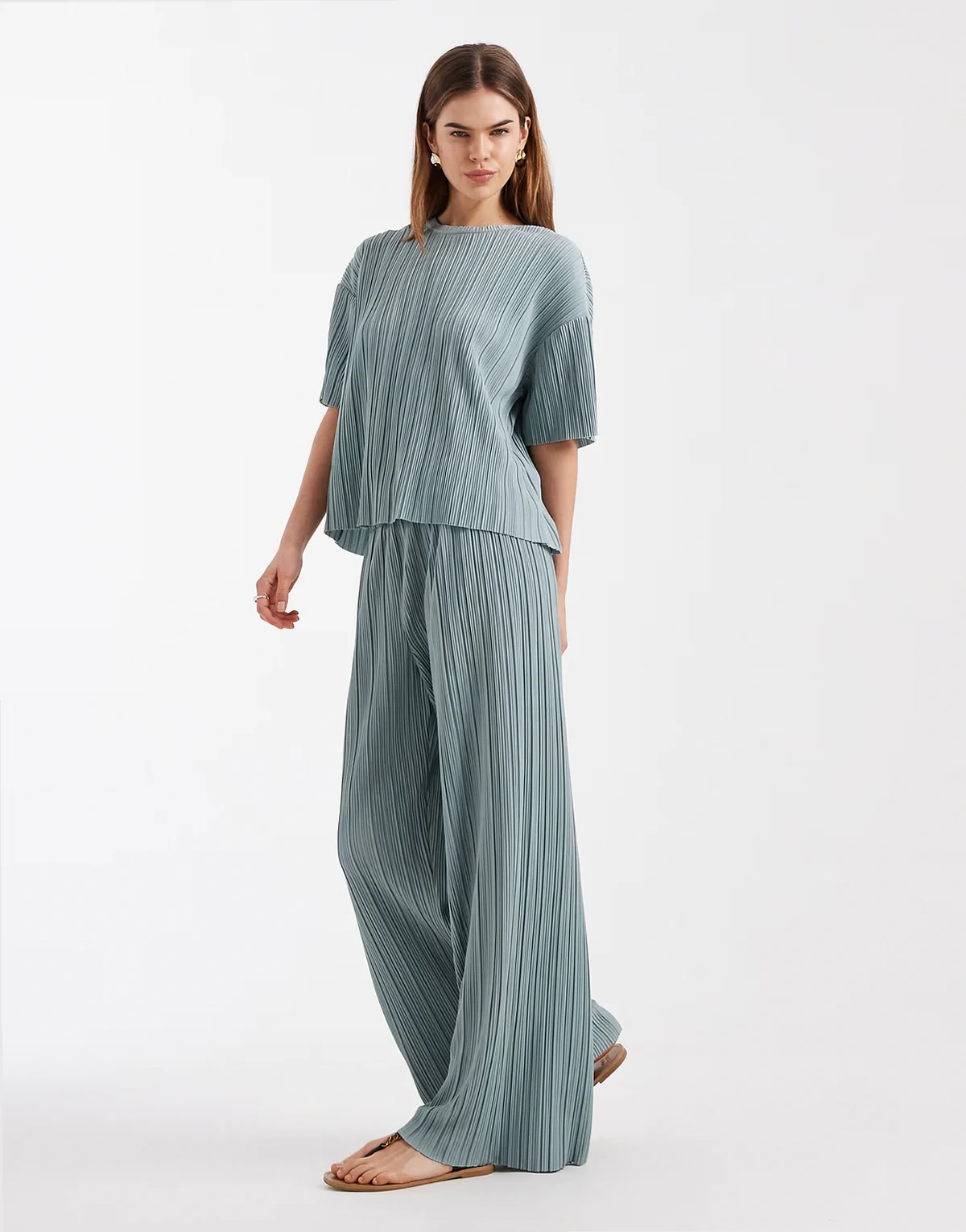 plissé wide leg pants in light teal