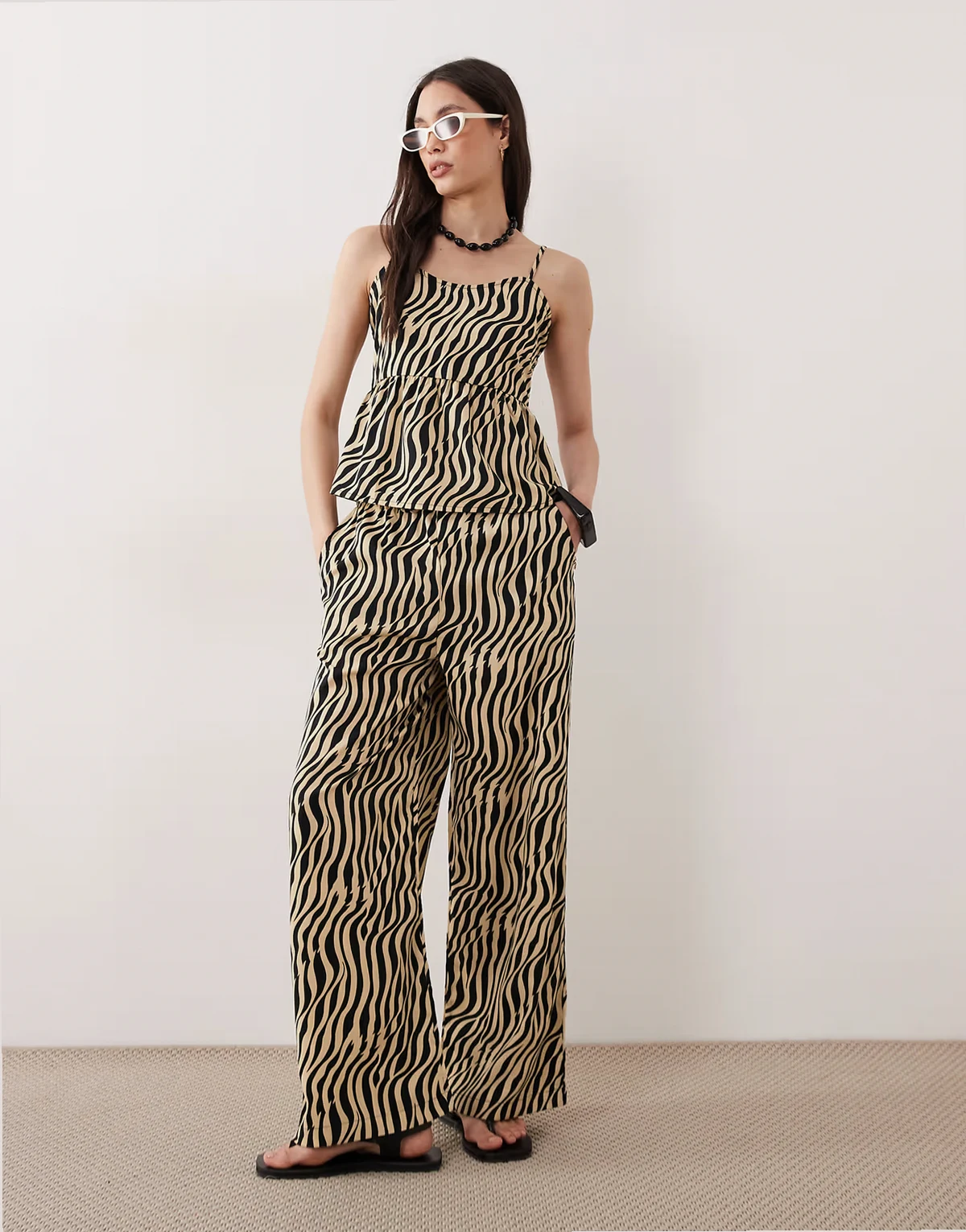 tie front beach pants in cream zebra - part of a set