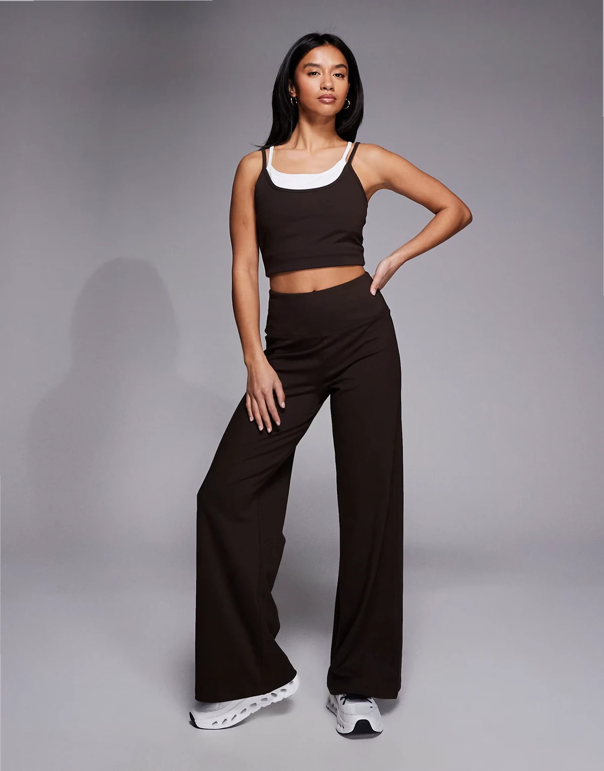 Petite Icon soft touch high waist wide leg dance pant in chocolate