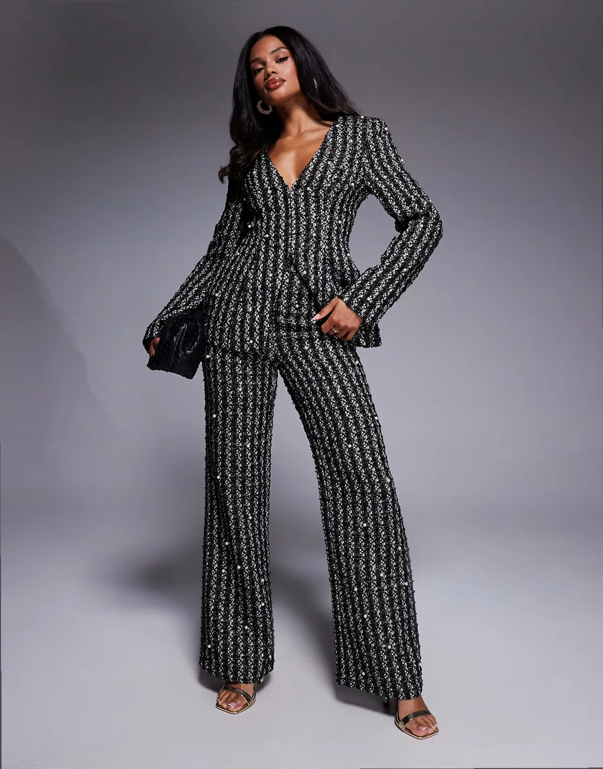 pearl embellished boucle pants in black - part of a set