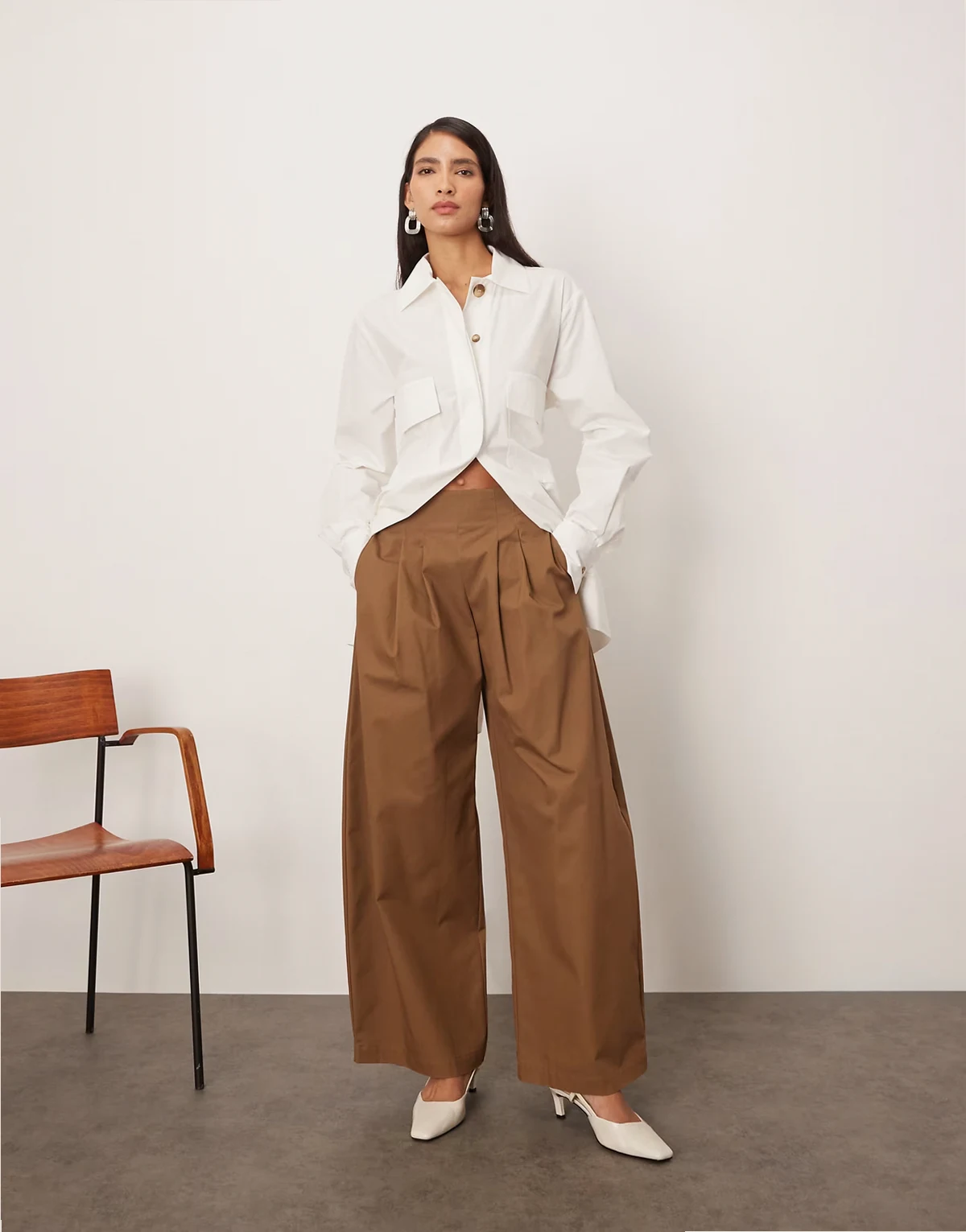 ultimate tailored wide barrel leg pants with cinched waist in dark camel