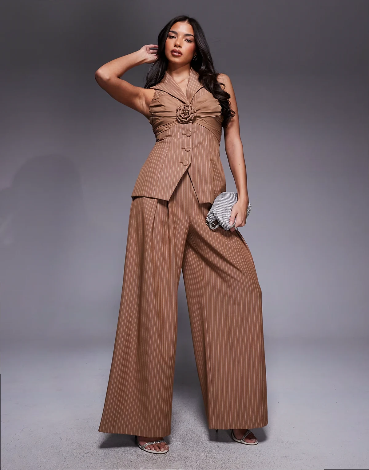 wide leg pants with ruched waistband detail in brown pinstripe - part of a set