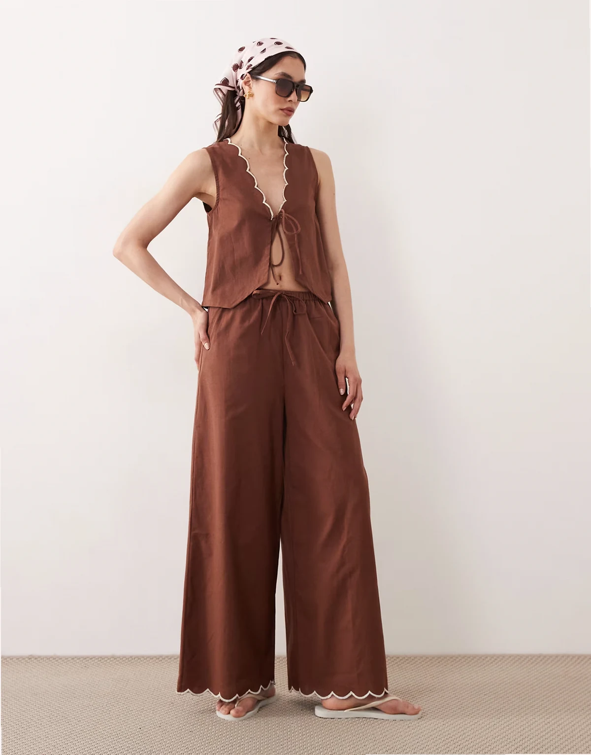 tie front beach pants with cream scallop trim in brown - part of a set