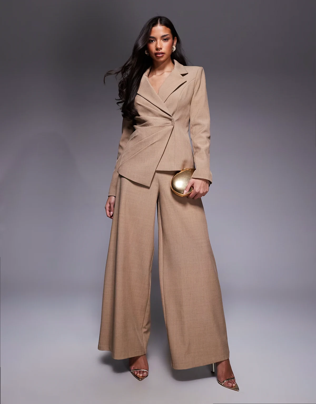 premium super wide flared pants in tan - part of a set