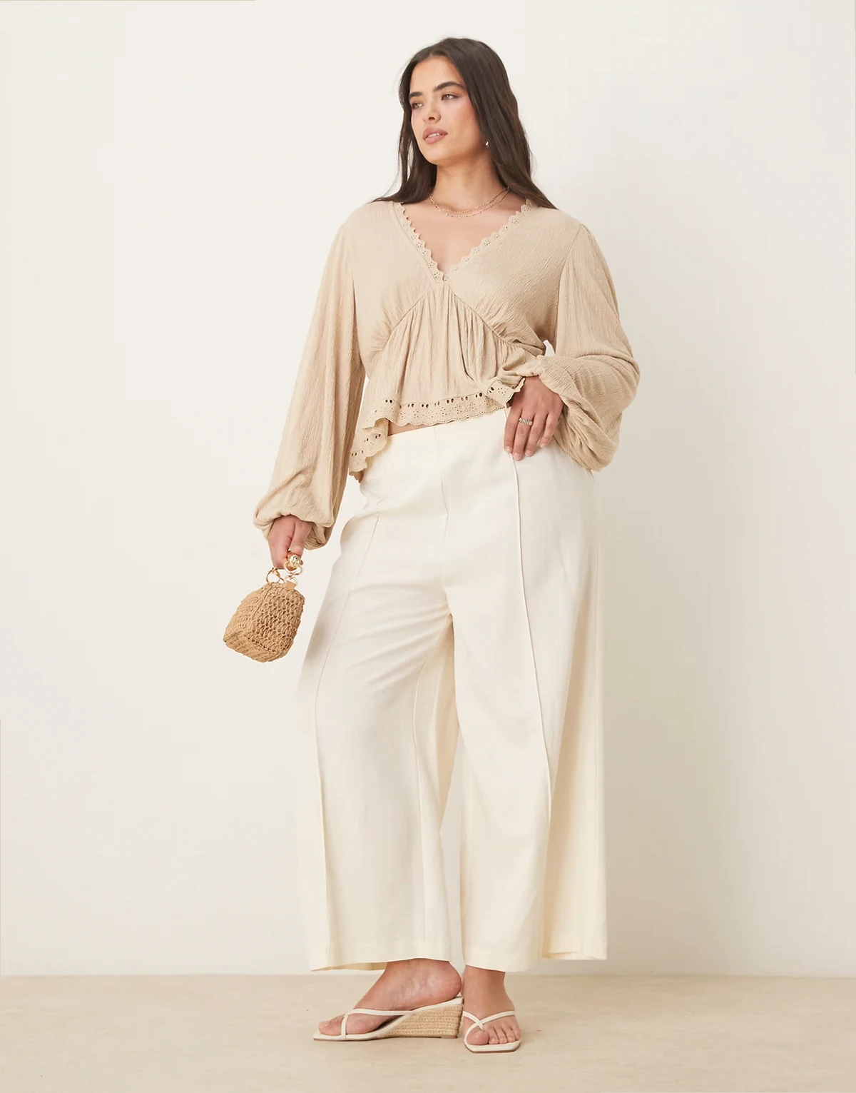ASOS DESIGN Curve – Dopasowane spodnie kuloty z domieszką lnu w kolorze kości słoniowej