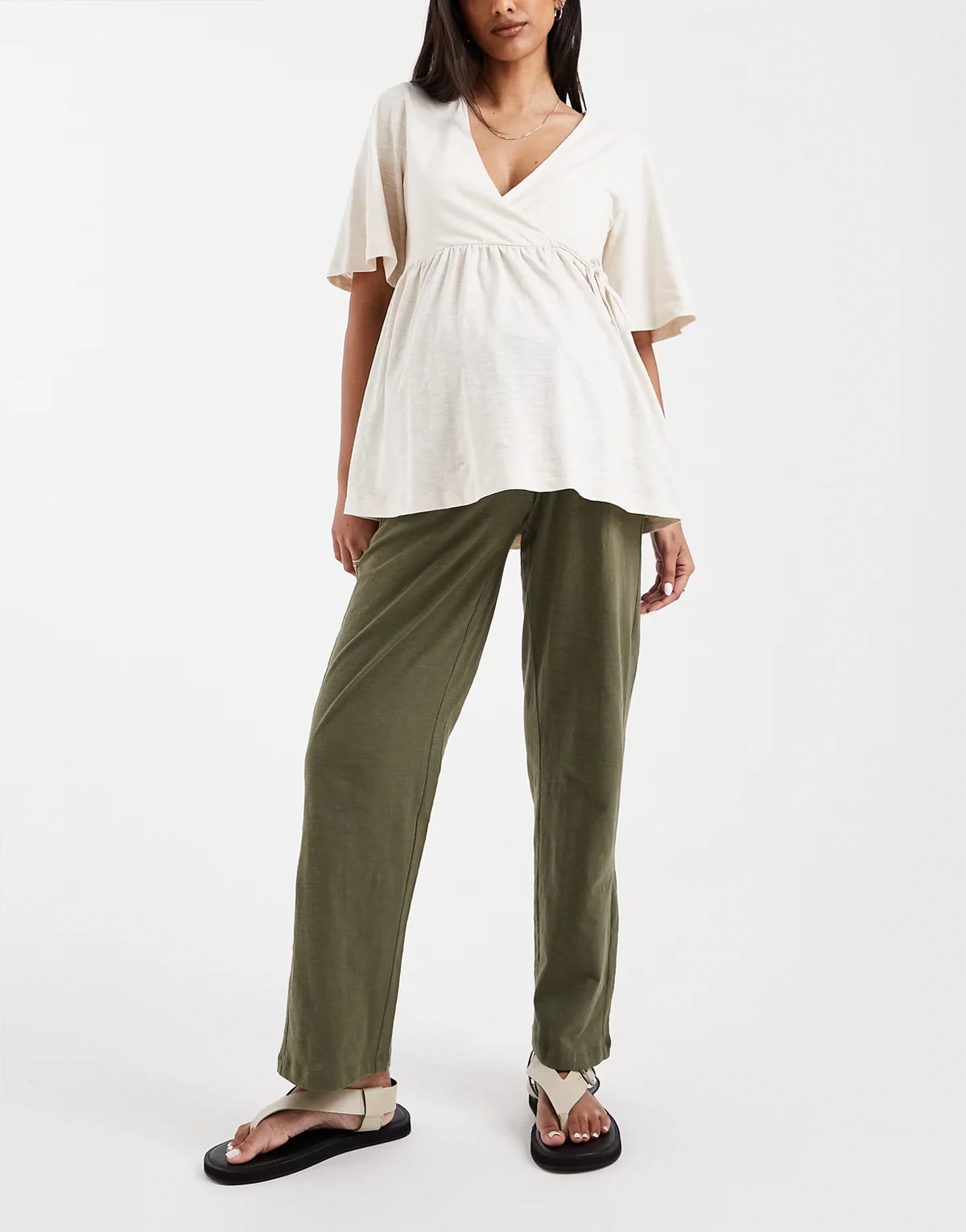 Maternity – Leichte Sommerhose in dunklem Khaki mit weitem Schnitt und Unterbauchbund