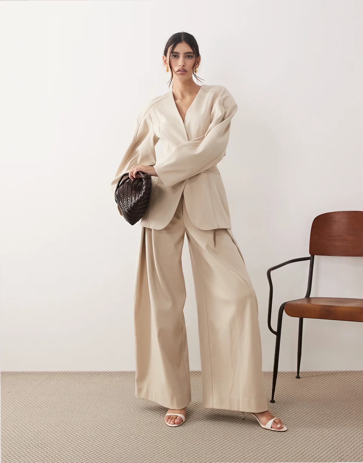 twill wide leg pants in stone - part of a set