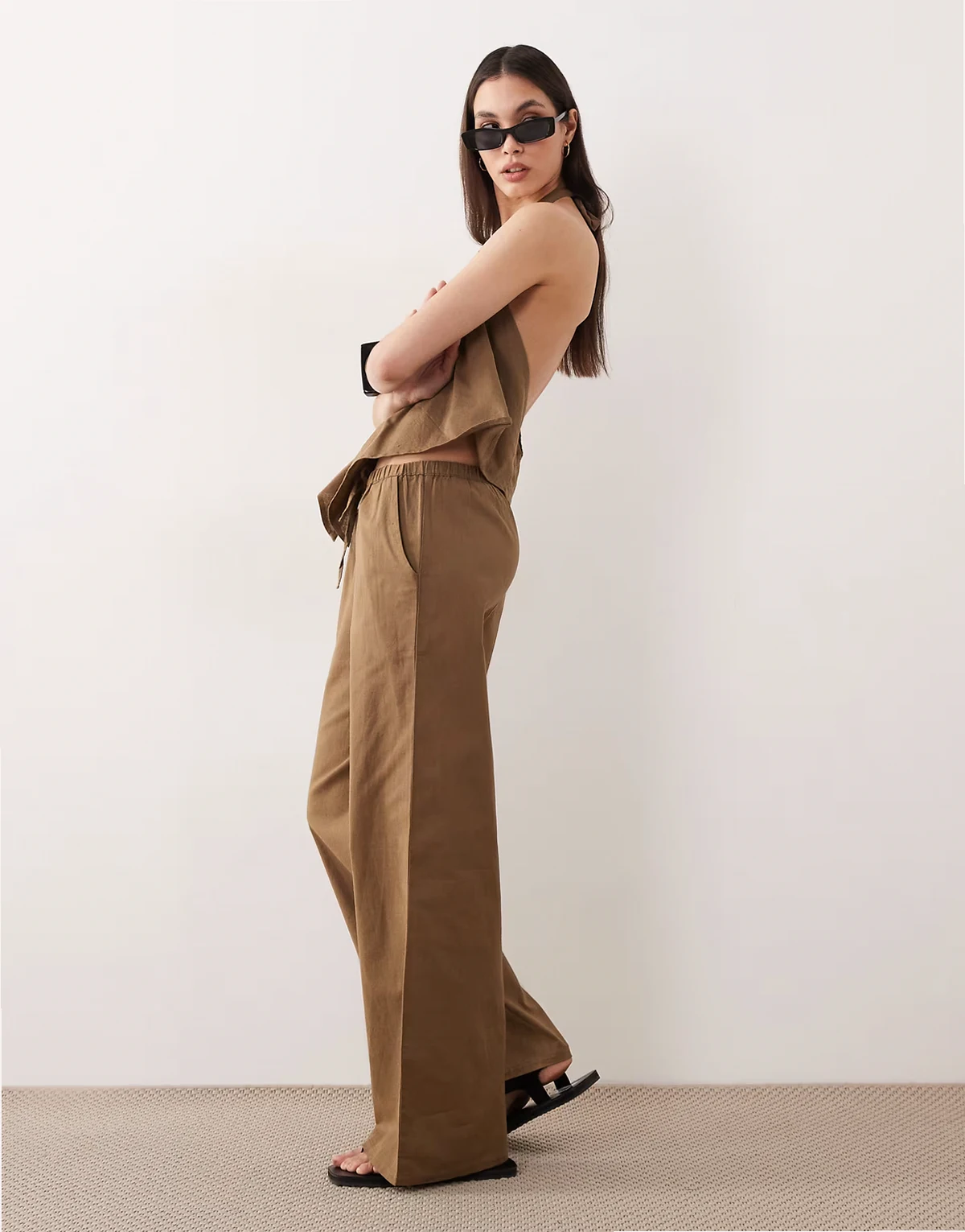 tie front beach pants in khaki brown - part of a set