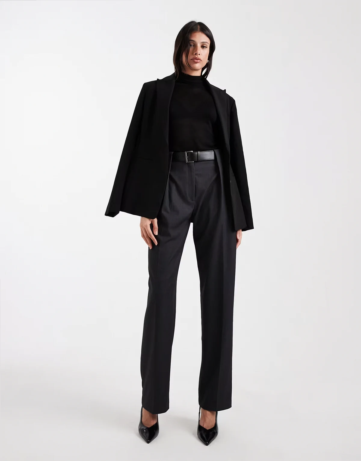 Tall – Elegante, gerade geschnittene Hose in meliertem Anthrazit mit hohem Bund und Gürtel