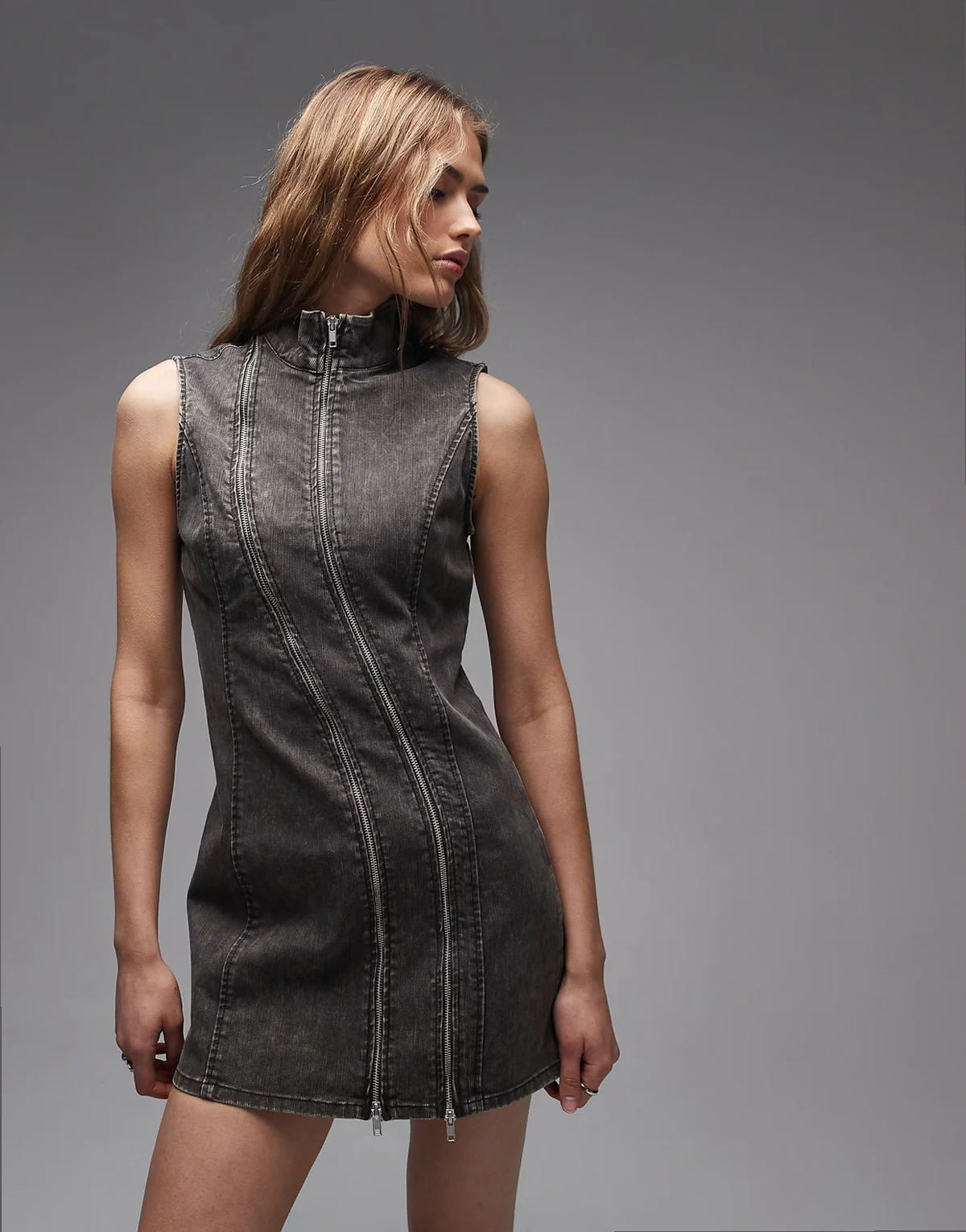 high neck mini dress with zipper detailing in washed gray