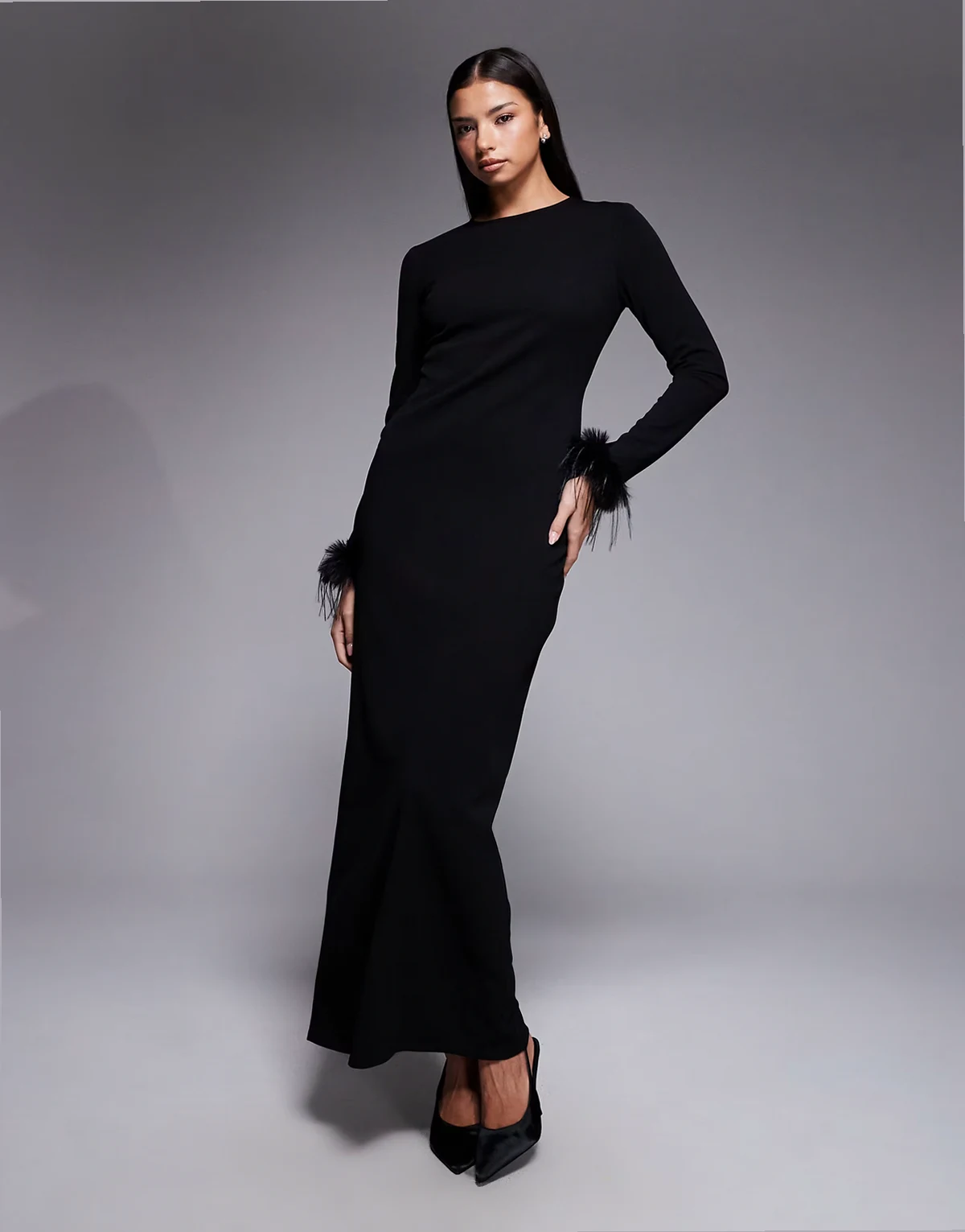 faux feather cuff maxi dress in black