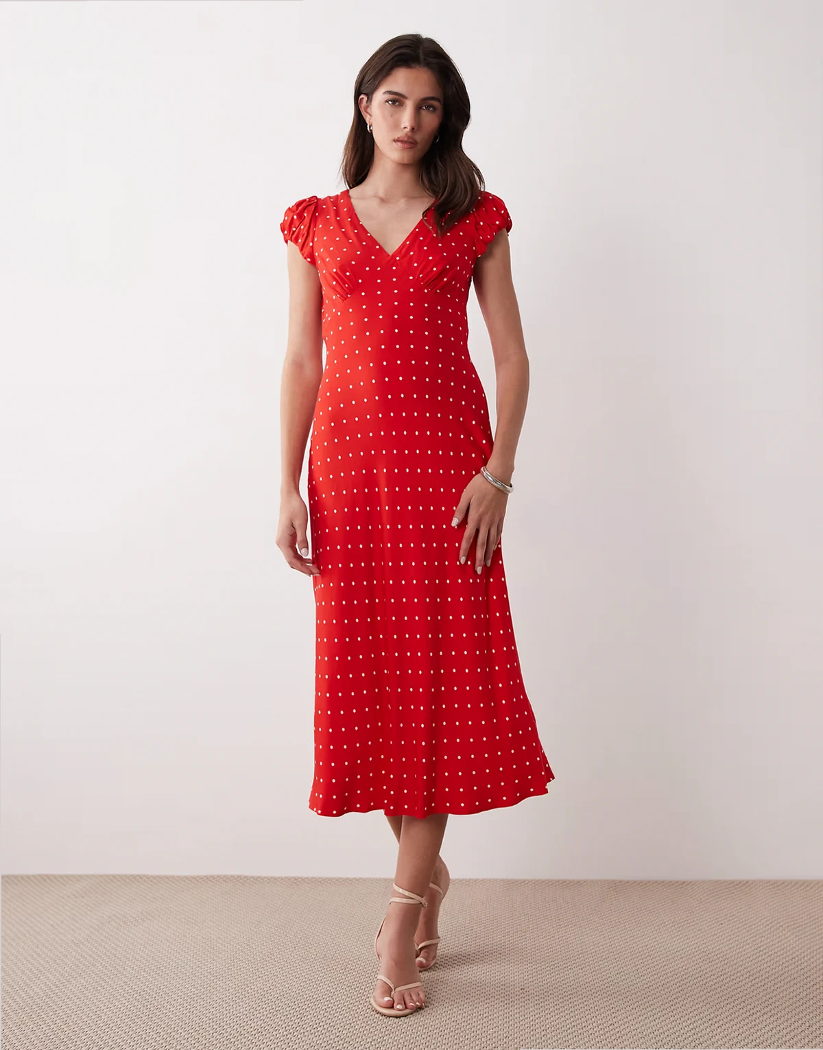 – Lina – Luftiges Midikleid in Rot mit Polka Dots, Kappärmeln und V-Ausschnitt