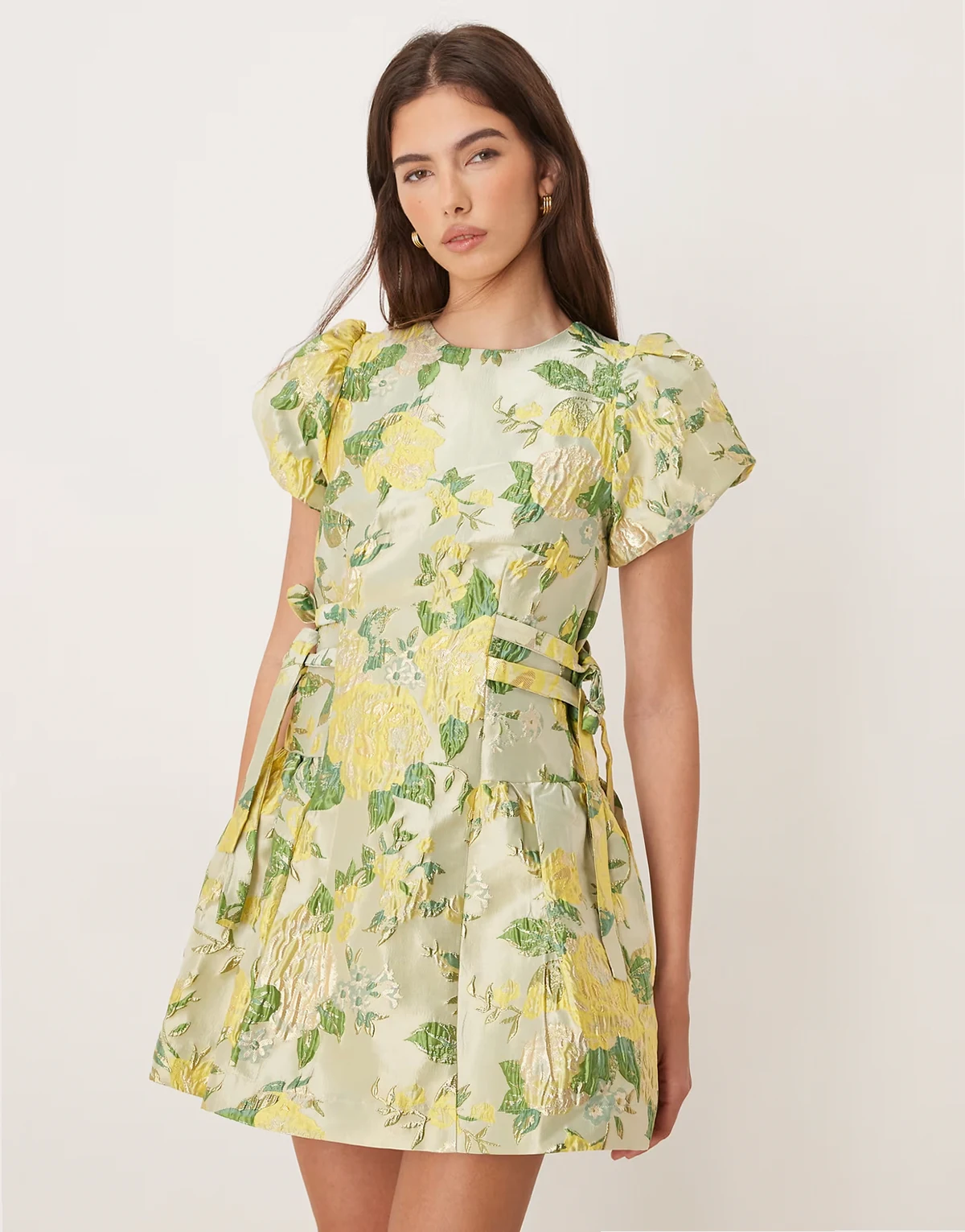 Dream Sister Jane Sunspel jacquard puff sleeve tie bow side mini dress in lime floral