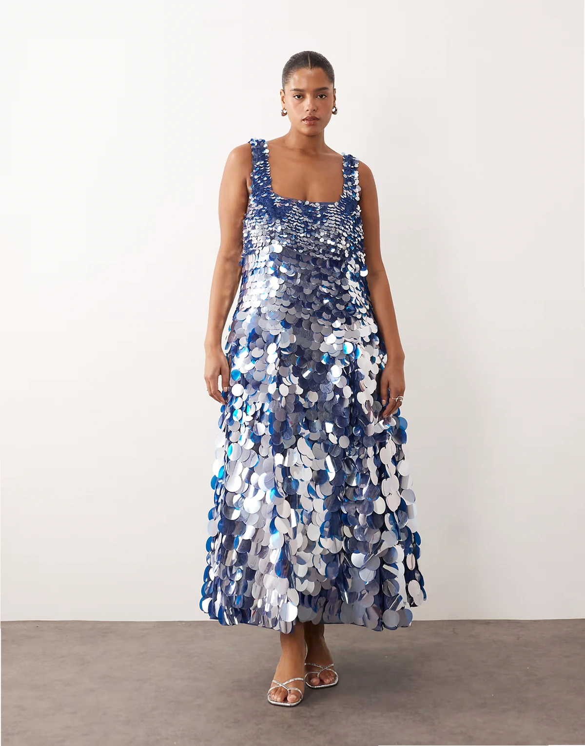 Curve embellished disc sequin square neck full skirt midi dress in blue