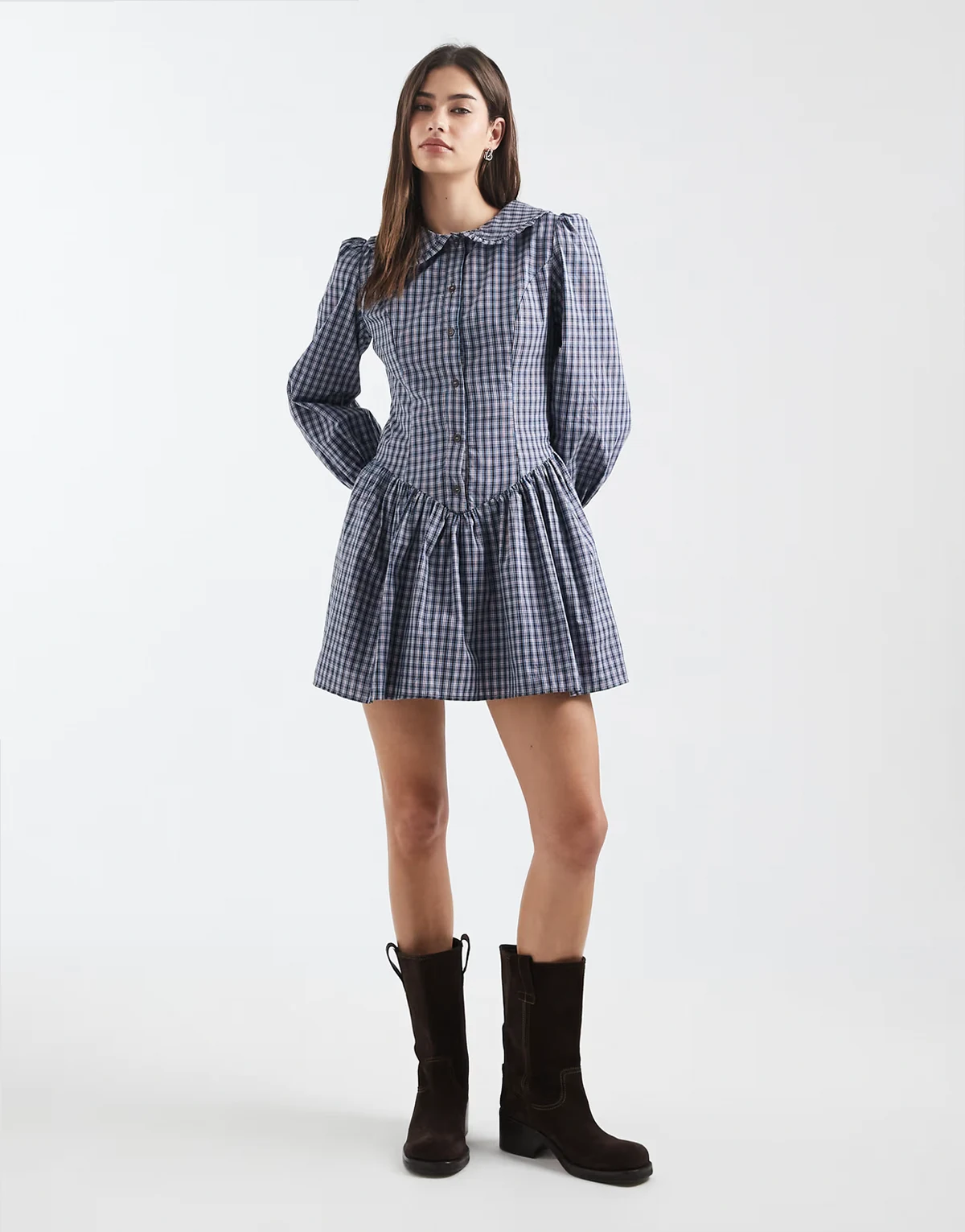 drop waist fitted mini dress with statement collar in blue plaid