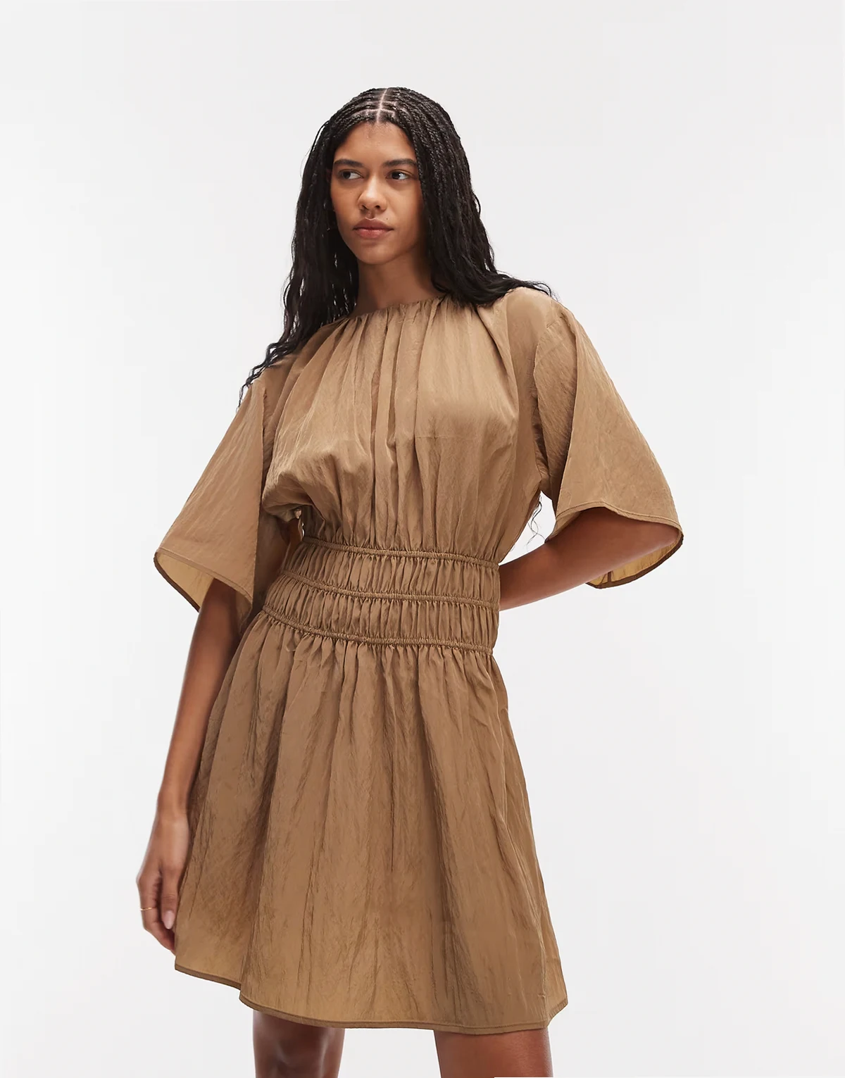 – Kleid aus Baumwoll-Nylon in Dunkelgelb mit Kordelzug an der Taille