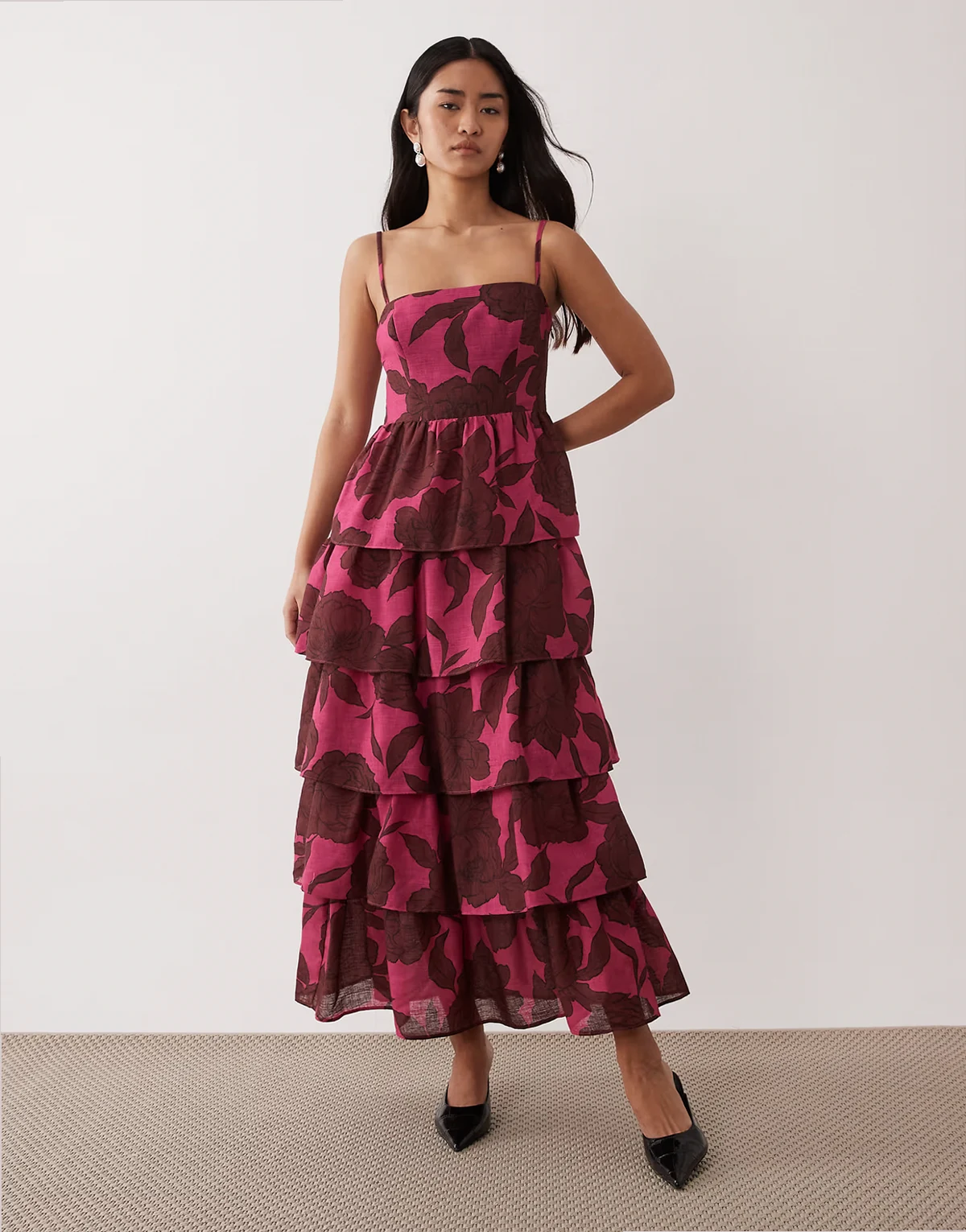 linen blend tiered skirt midaxi cami dress in brown and pink floral