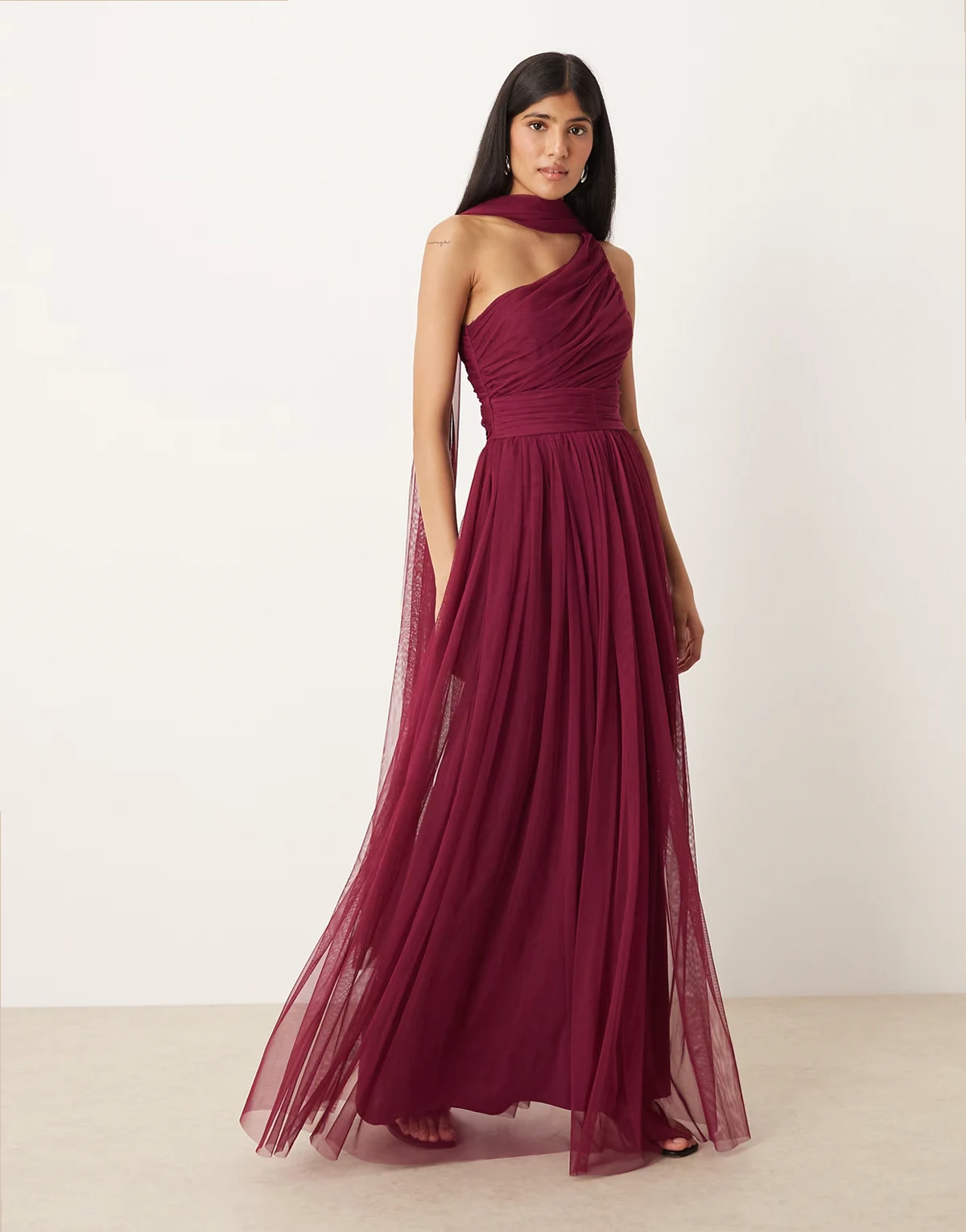 Bridesmaid one shoulder scarf neck maxi dress in fig