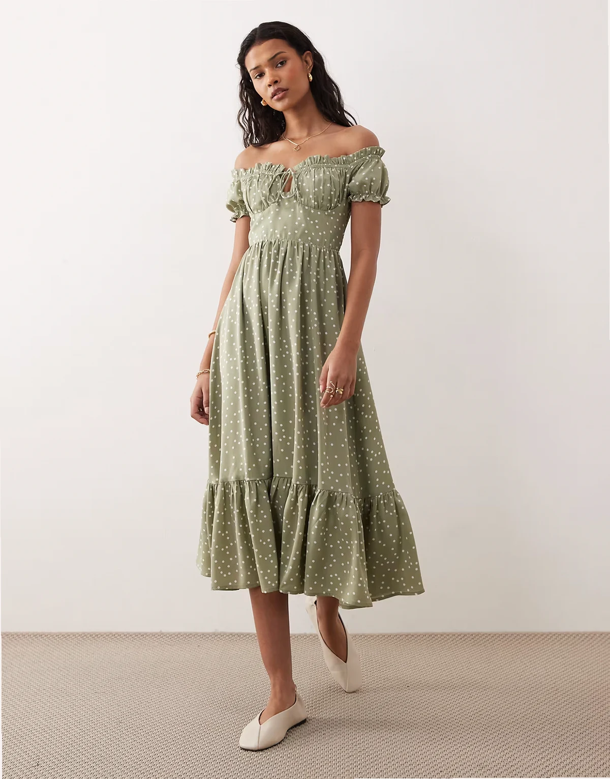 Marabella midaxi polka dot dress in sage