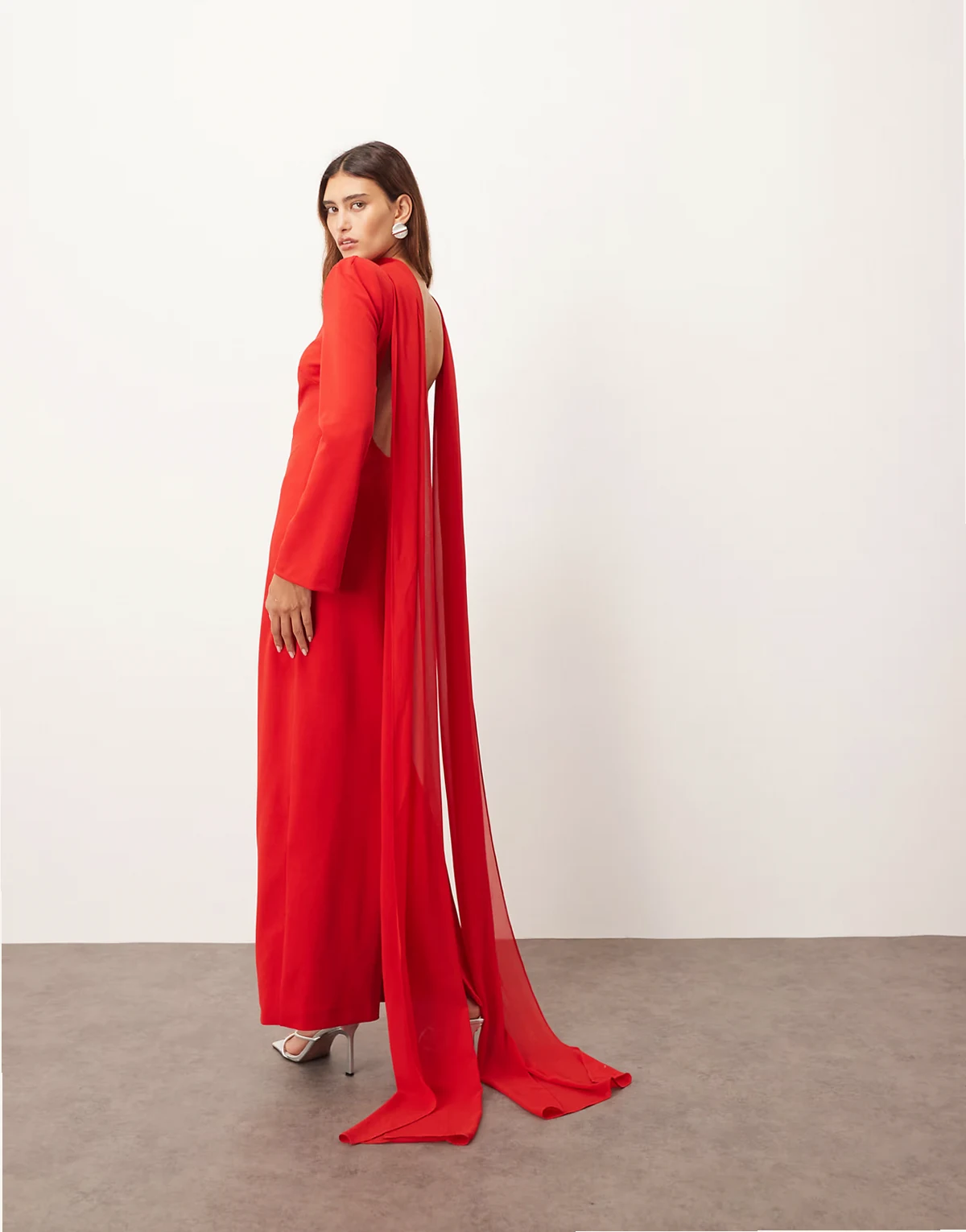 structured crepe long sleeve maxi dress with chiffon overlay in red