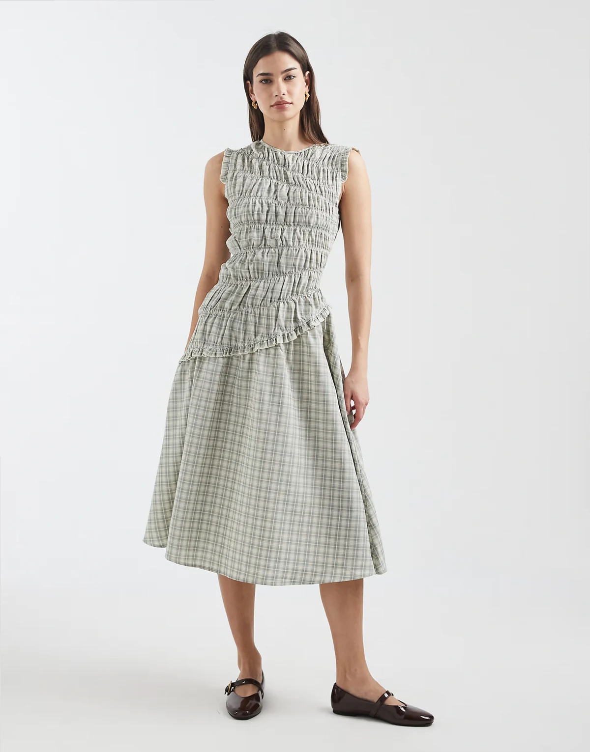 asymmetric midi dress with ruffle detailing in gray plaid