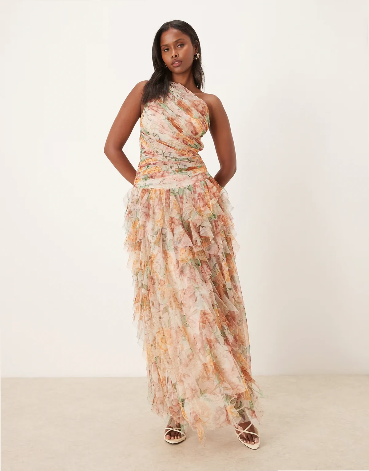 one shoulder waterfall ruffle maxi dress in floral print