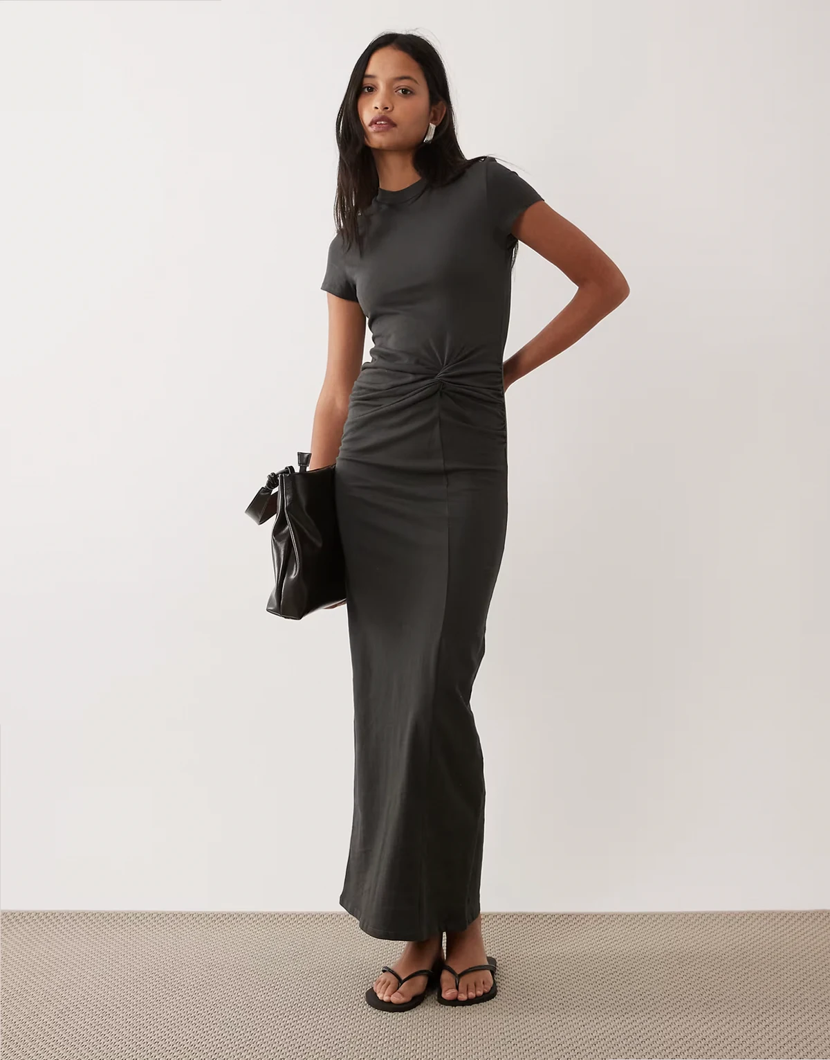 short sleeve midi dress with twist detail in charcoal