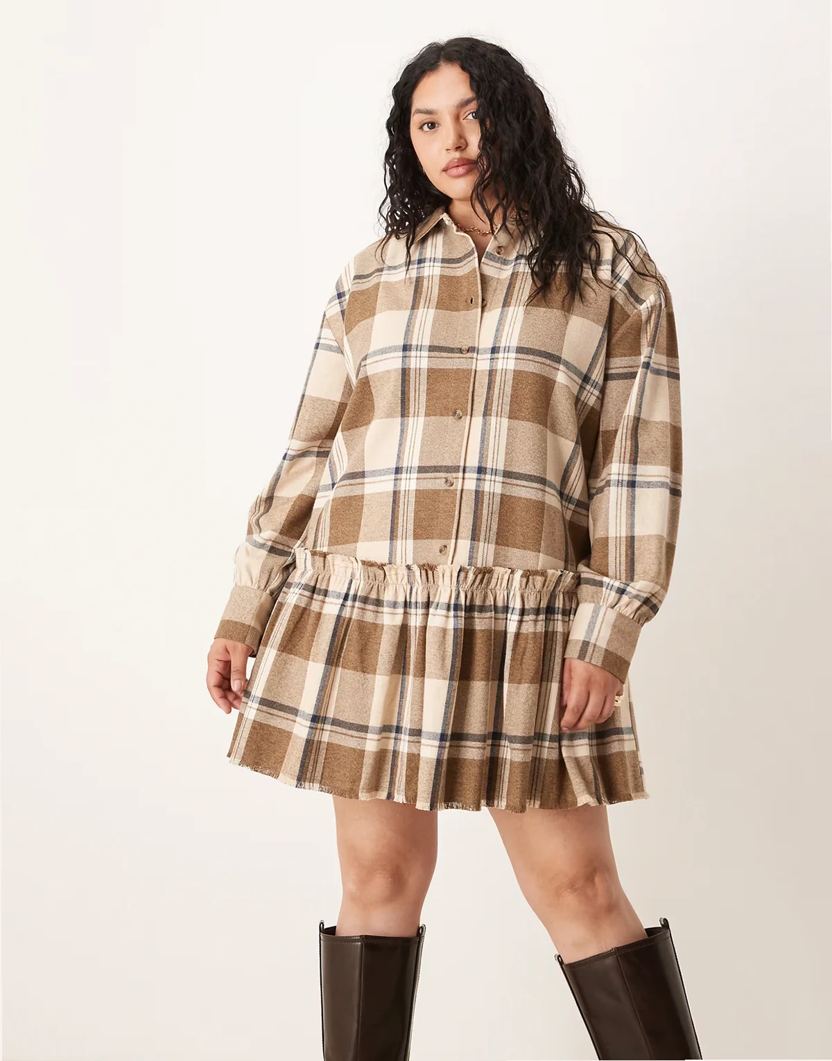 ASOS DESIGN Curve mini shirt dress with dropped waist in tonal tan plaid