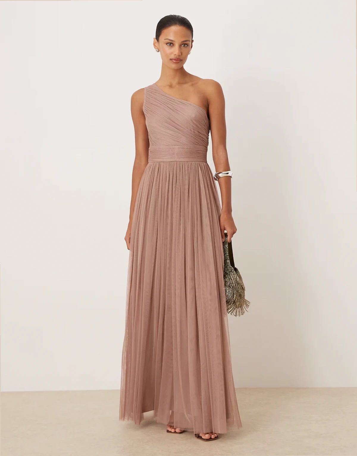 Bridesmaid tulle one shoulder maxi dress in taupe