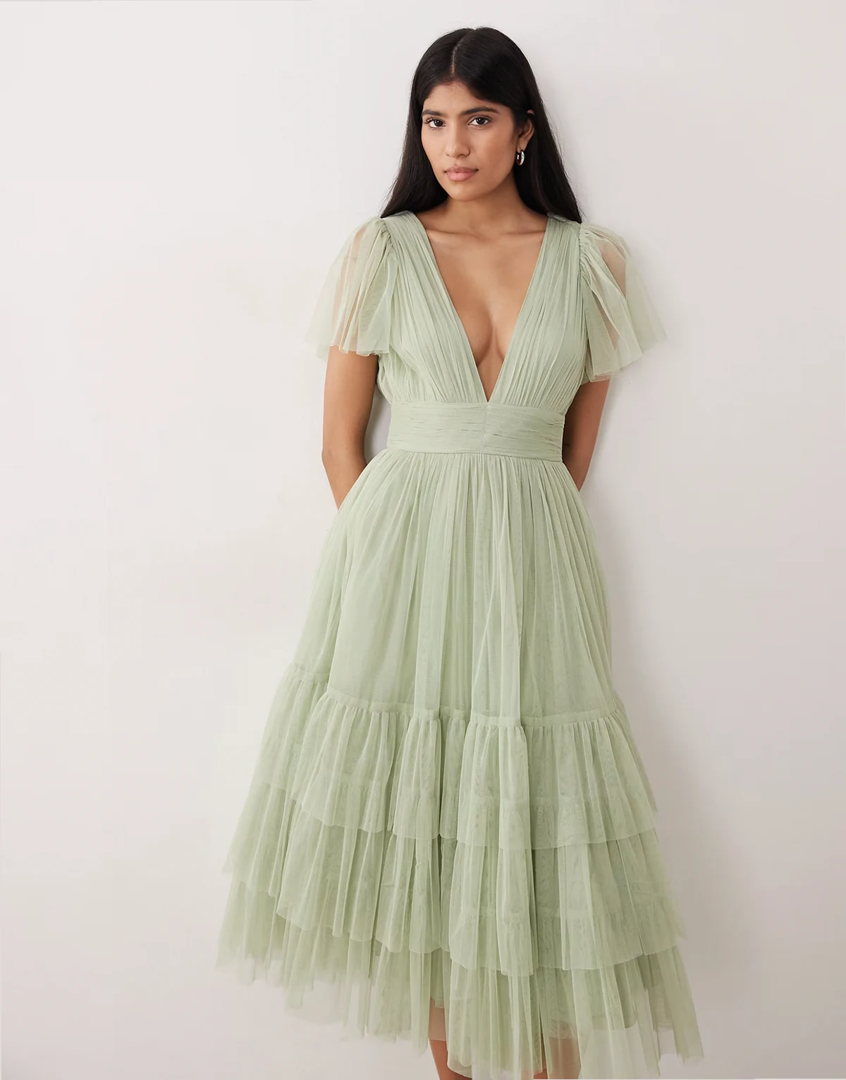 Bridesmaid tulle v neck midi dress in sage green
