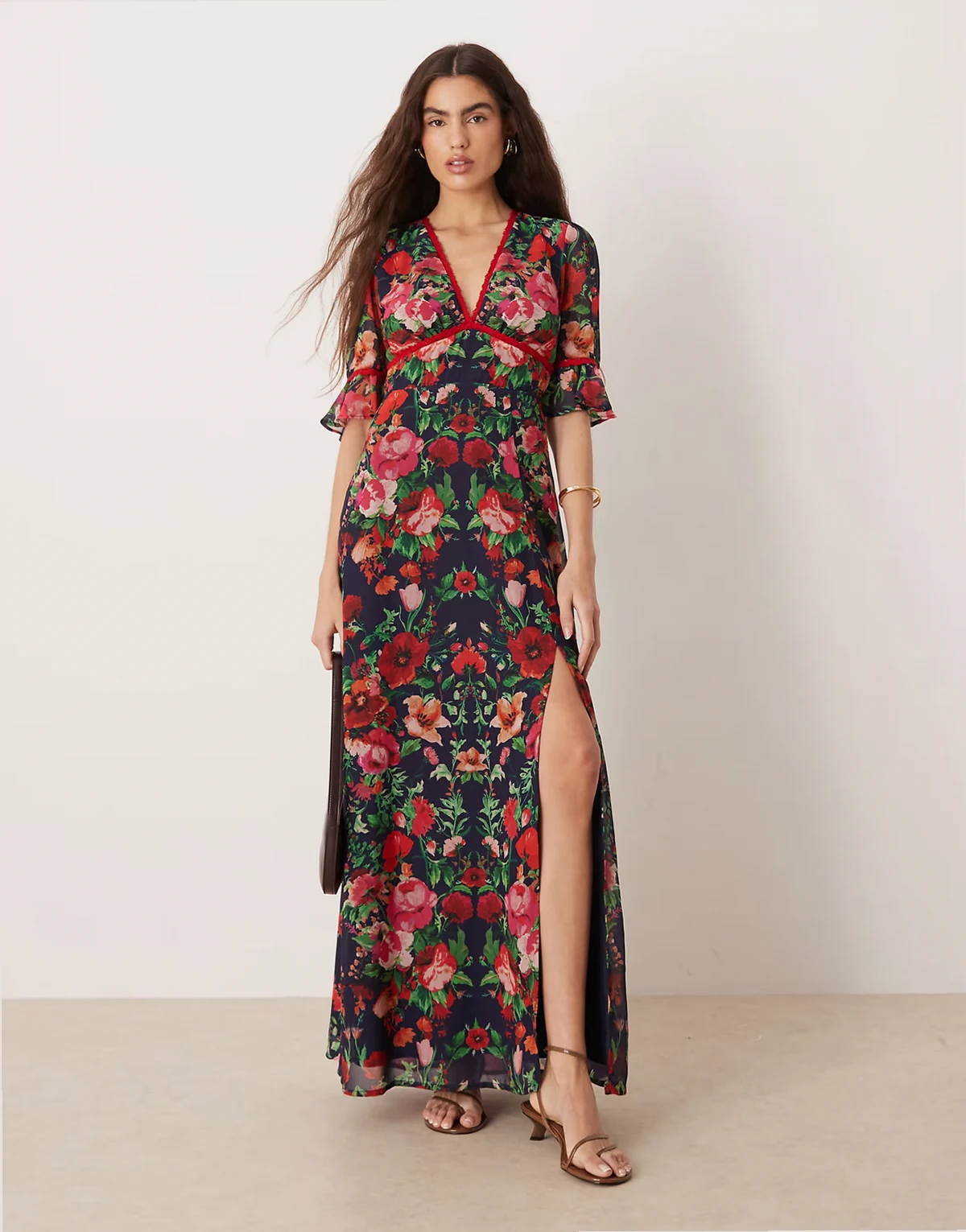 frill sleeve thigh split open back maxi dress in red navy print