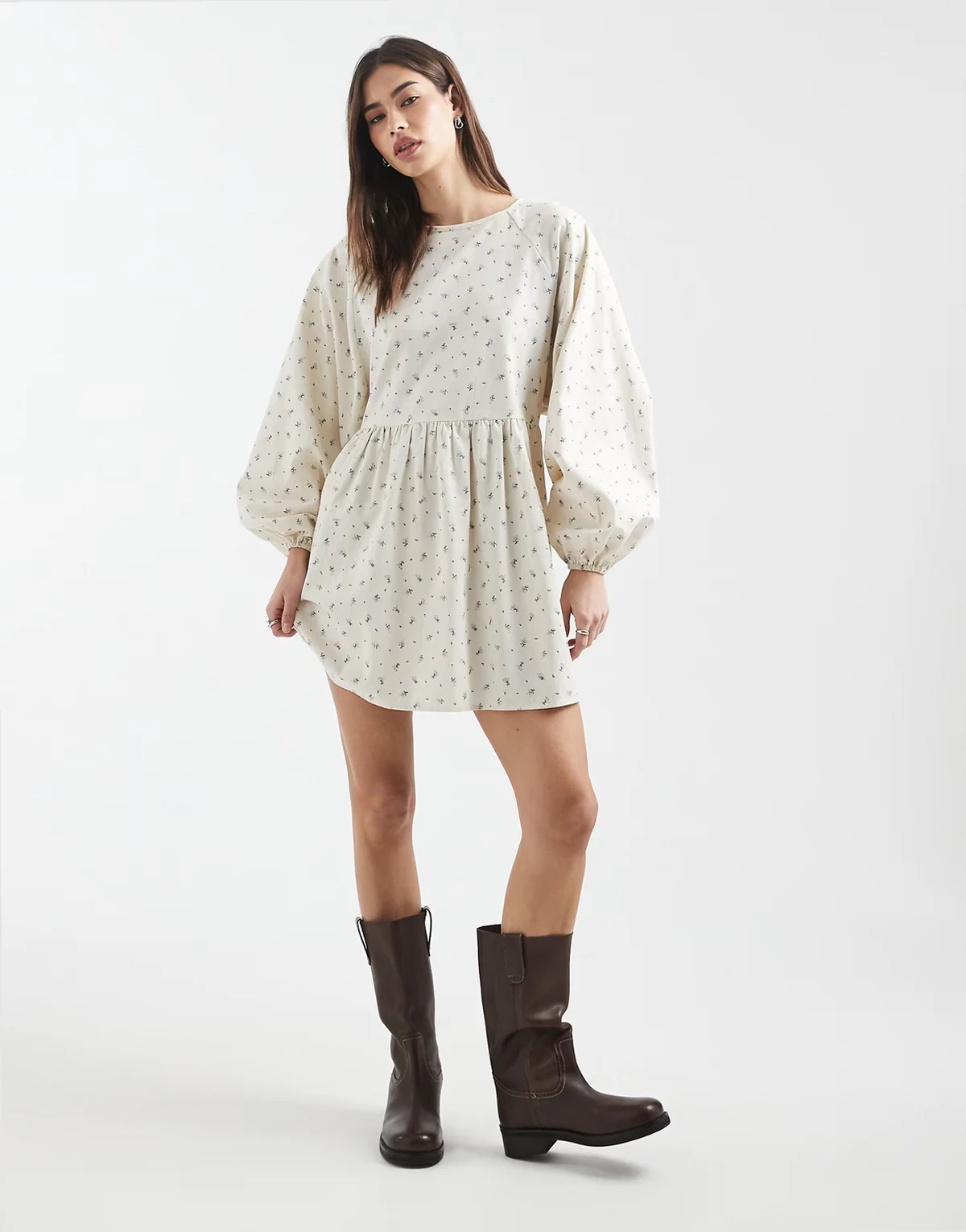 long sleeve smock mini dress in multi floral