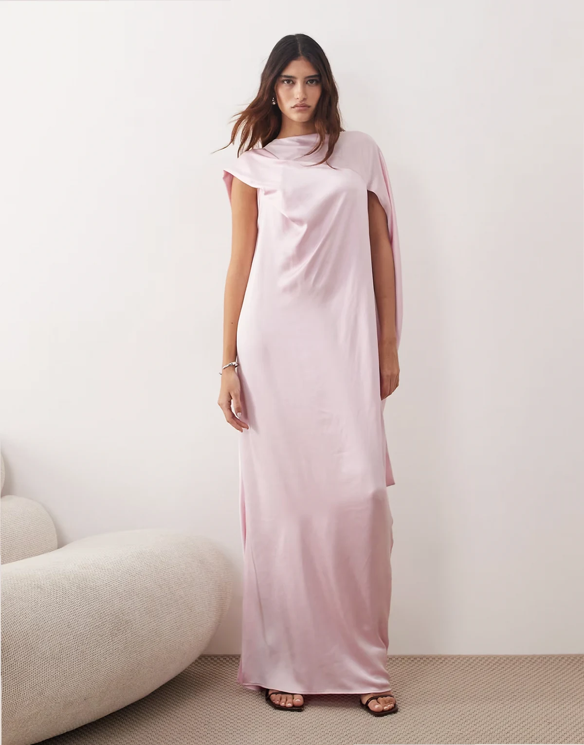 cowl neck scarf draped satin maxi dress in light pink