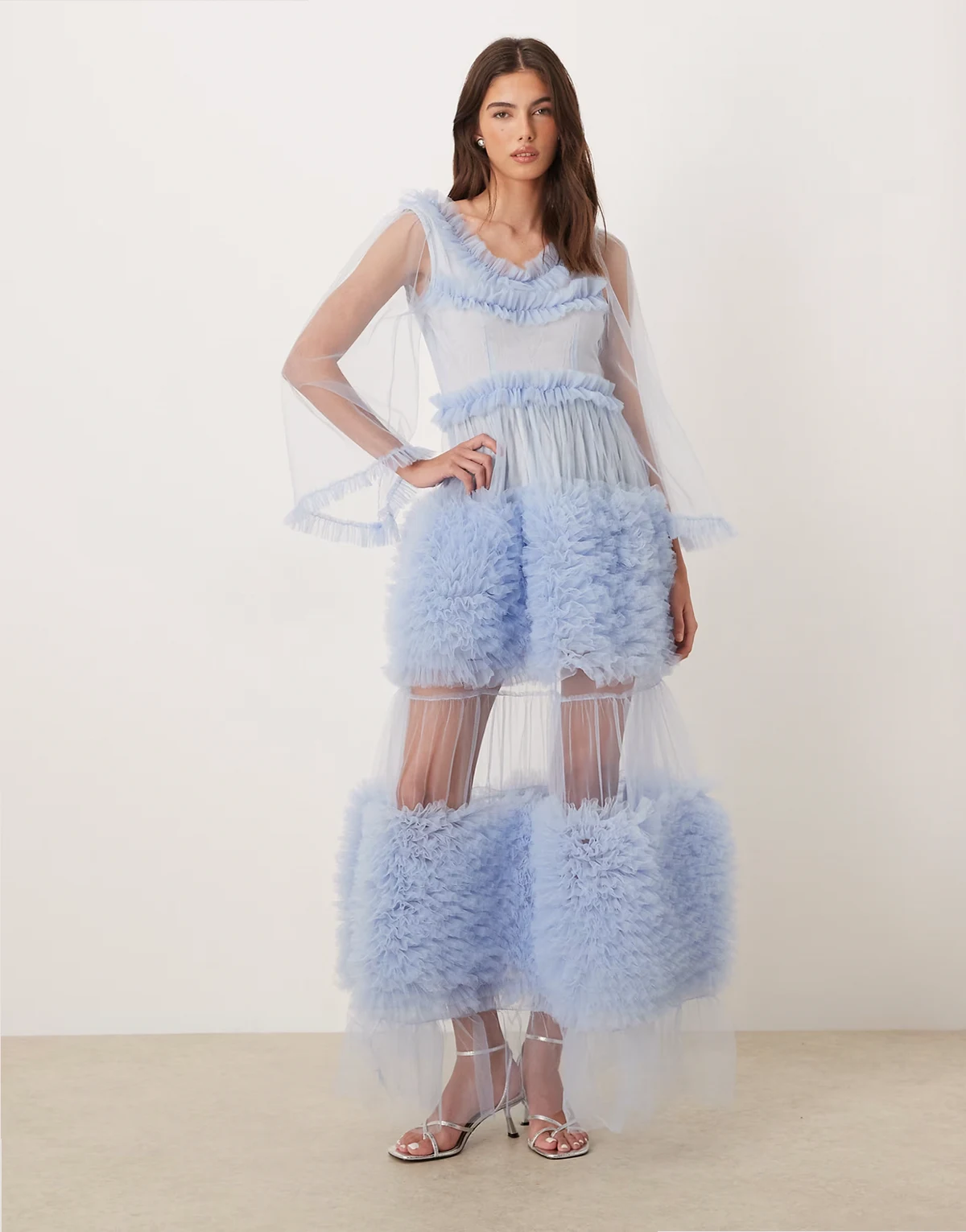 Dream Sister Jane Halo Haze tulle bell sleeves ruffle tiered maxi dress in baby blue