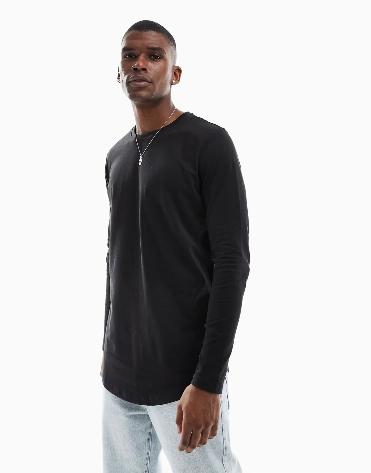 Essentials longline long sleeve t-shirt with curve hem in black