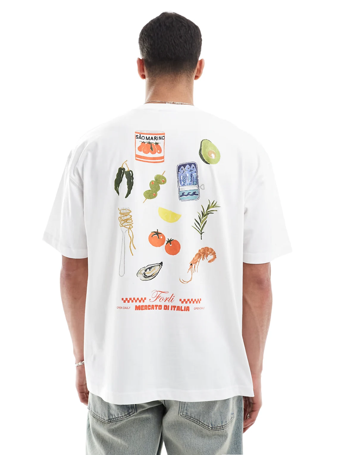 – Oversize-T-Shirt in Weiß mit Cartoon-Lebensmittel-Grafiken