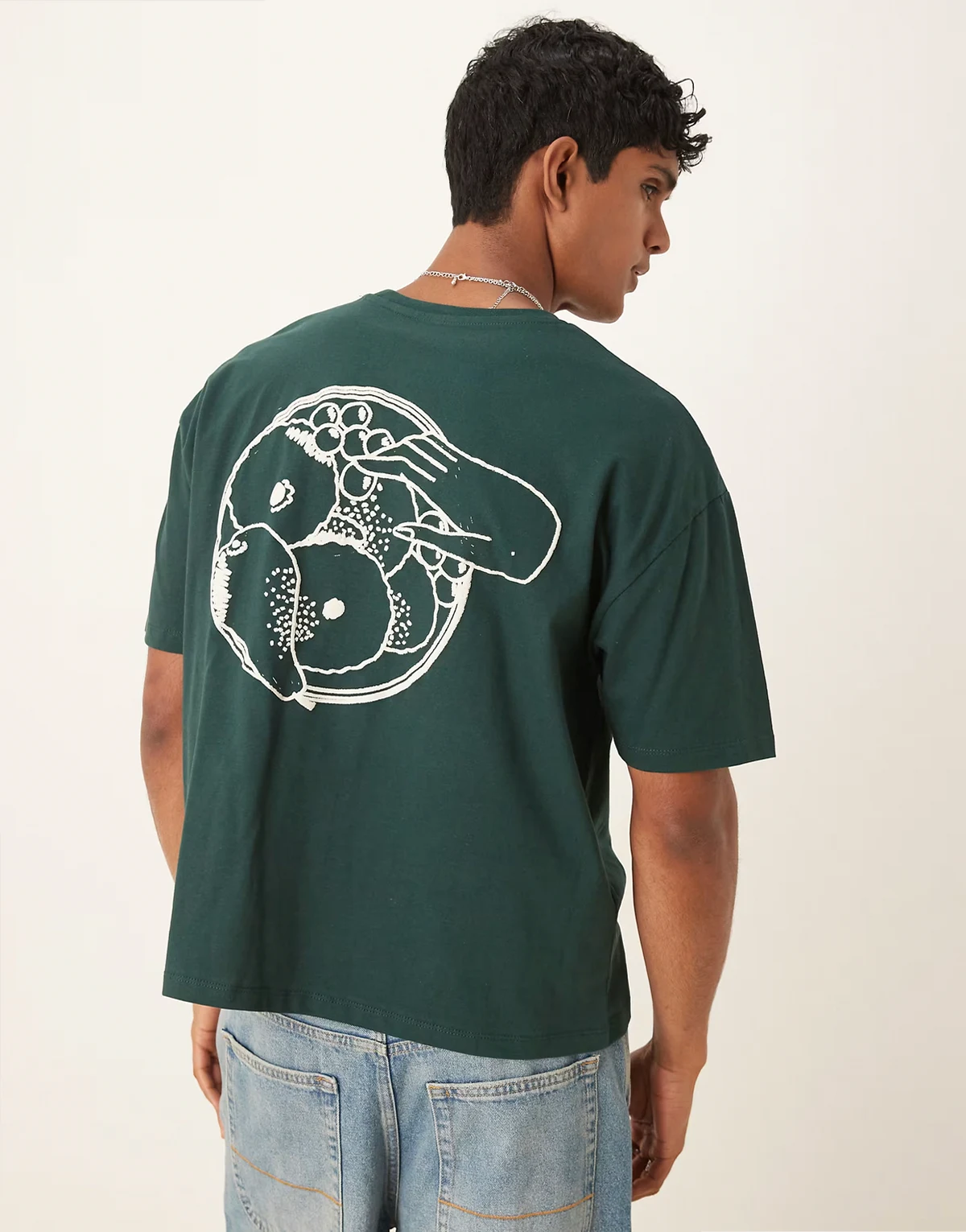 – Kastiges Oversize-T-Shirt in Dunkelgrün mit Sommer-Print