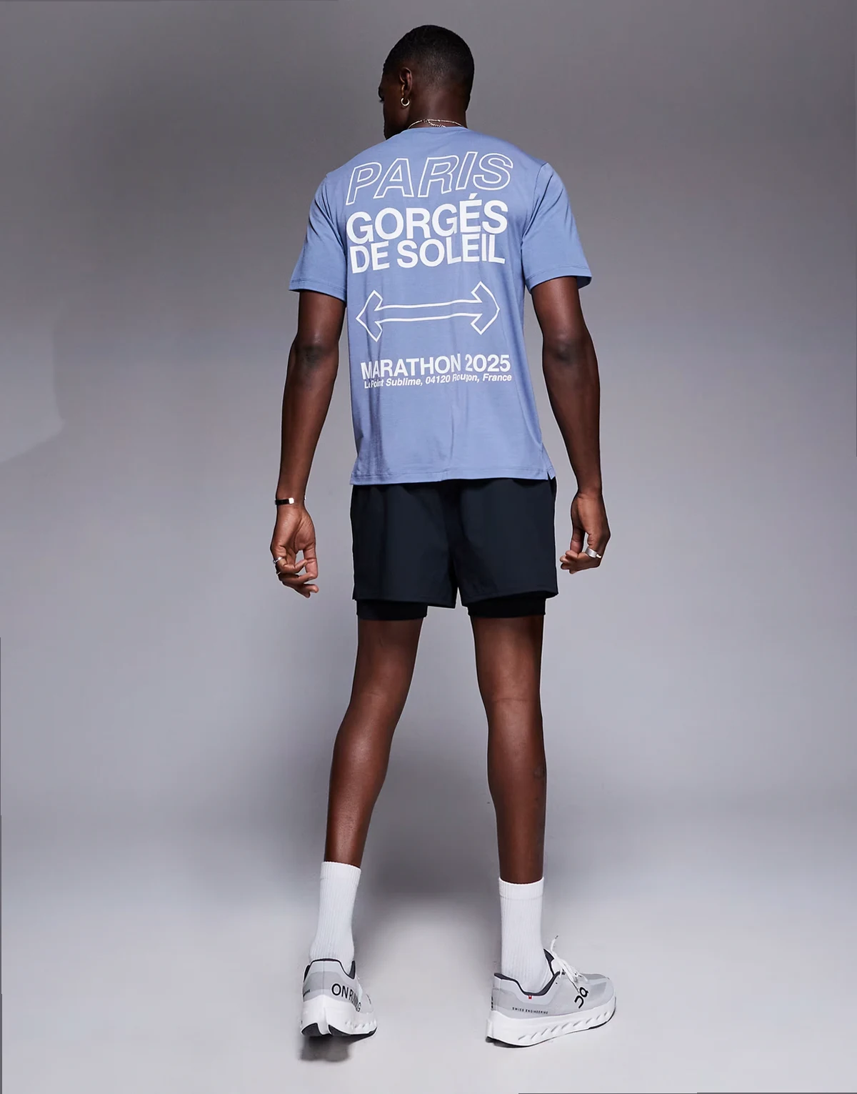 quick dry performance jersey back graphic oversized running T-shirt in gray blue
