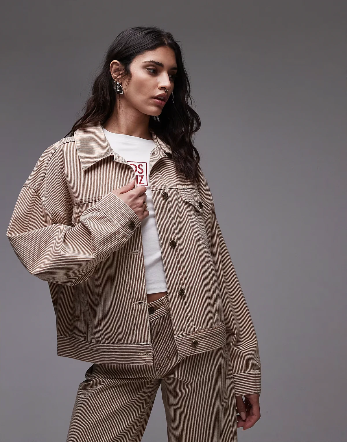 balloon denim jacket in tan stripe