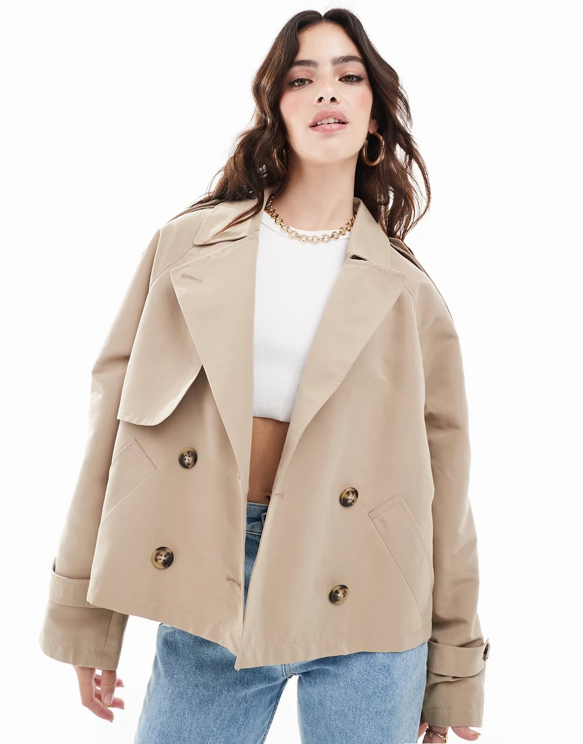 – Kurzer Trenchcoat in Beige mit kastigem Schnitt