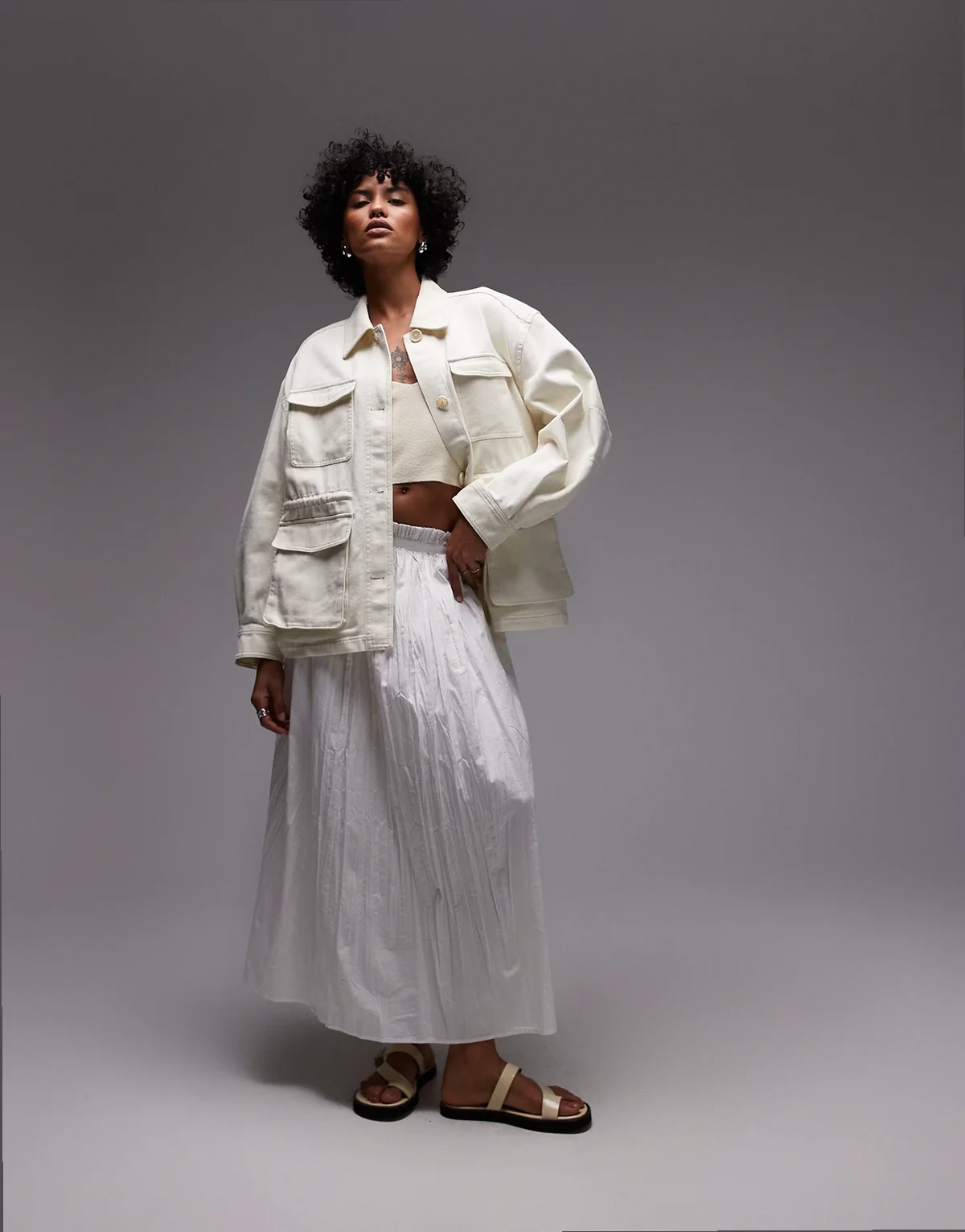 barn jacket with cinched in waist detail in off white